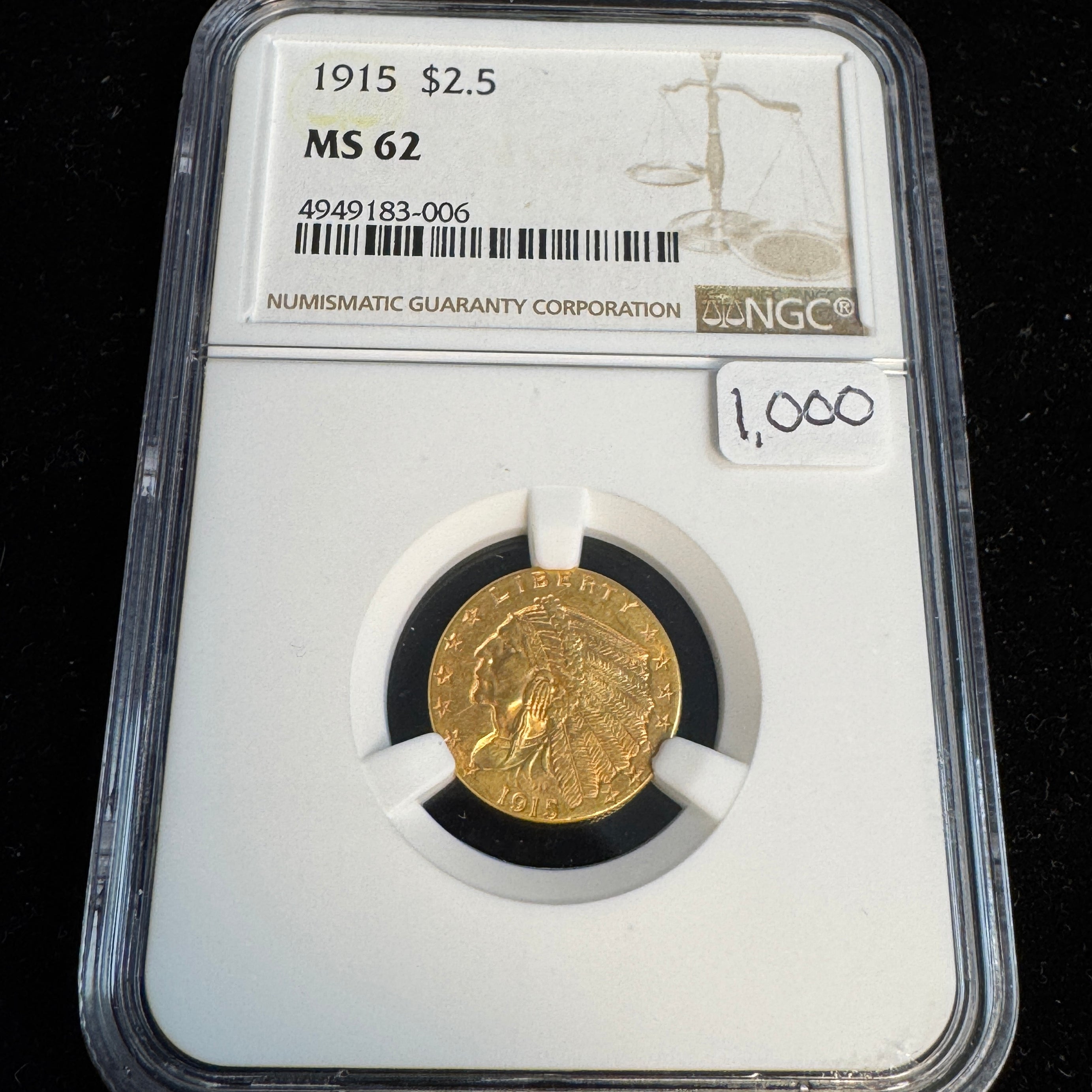 1915 Indian Head $2.5 Gold, NGC MS-62