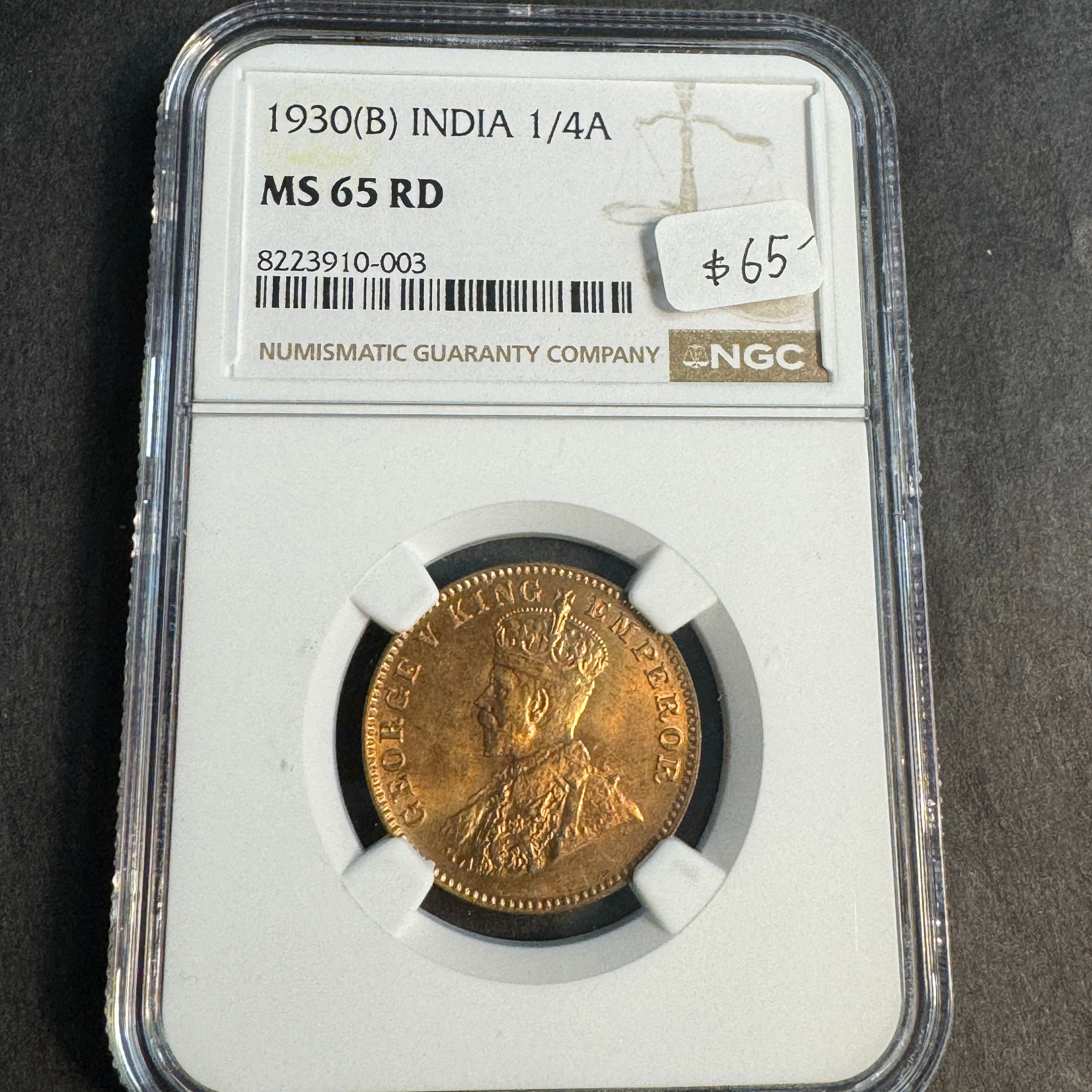 1930 (B) British India 1/4 Anna, KGV, NGC MS-65 RD Red
