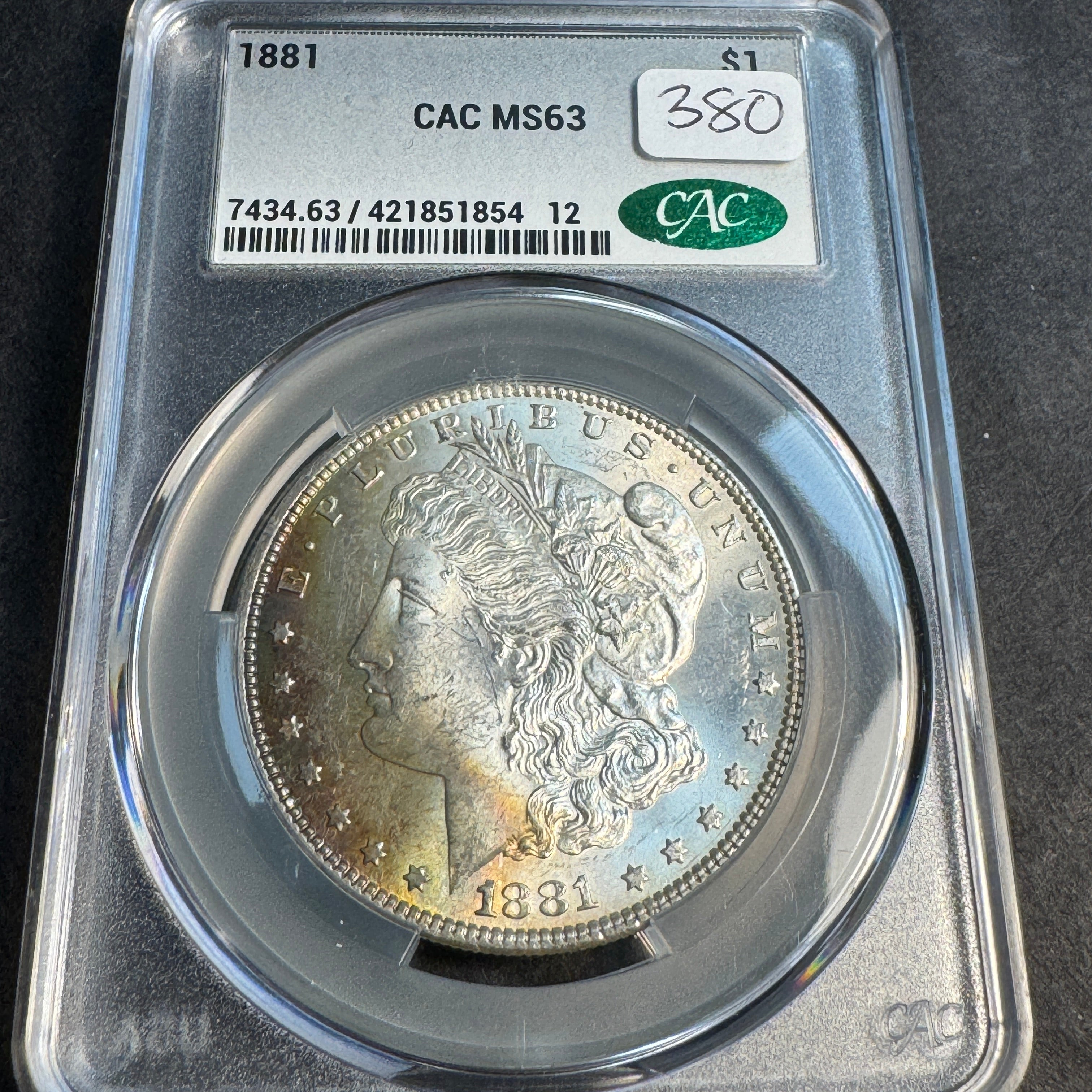 1881 Morgan Silver Dollar US$1, Obverse Rainbow Toning, CAC MS-63