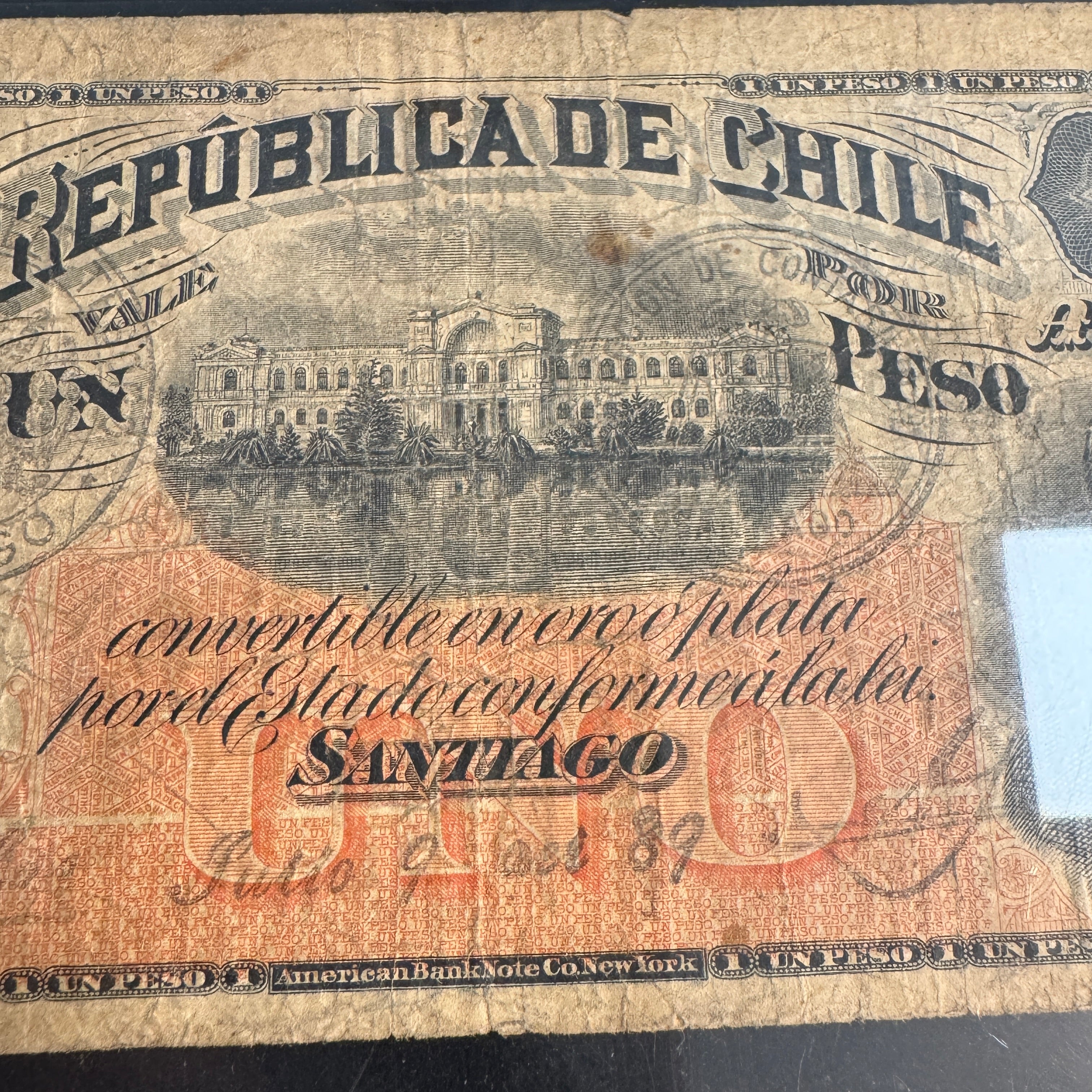1889 Chile 1 Peso, Handstamps Type 1 & 2, ABNC, P#11b, PCGS F-12