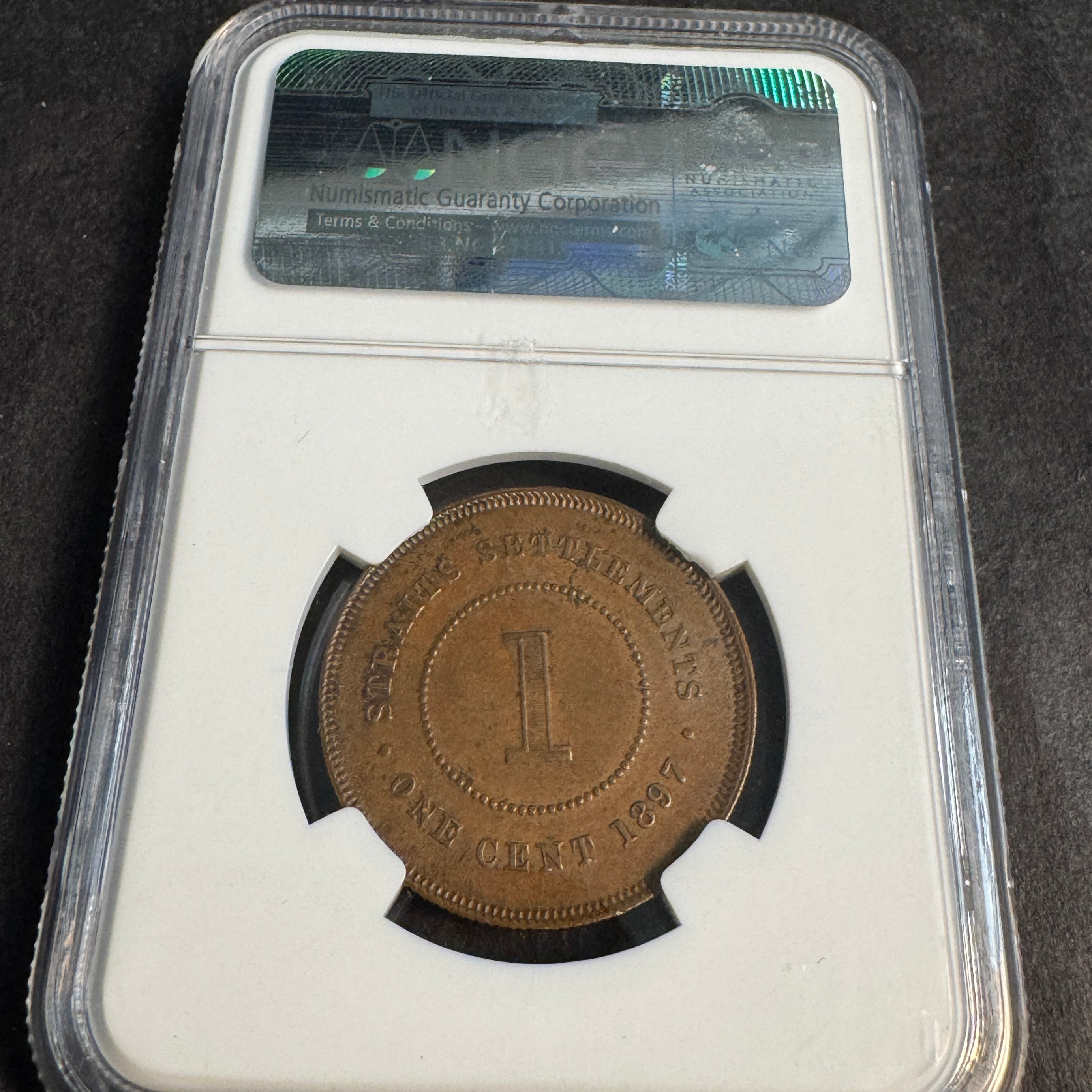 1897 Straits Settlements 1 Cent, Victoria, KM#16, NGC AU-58 BN