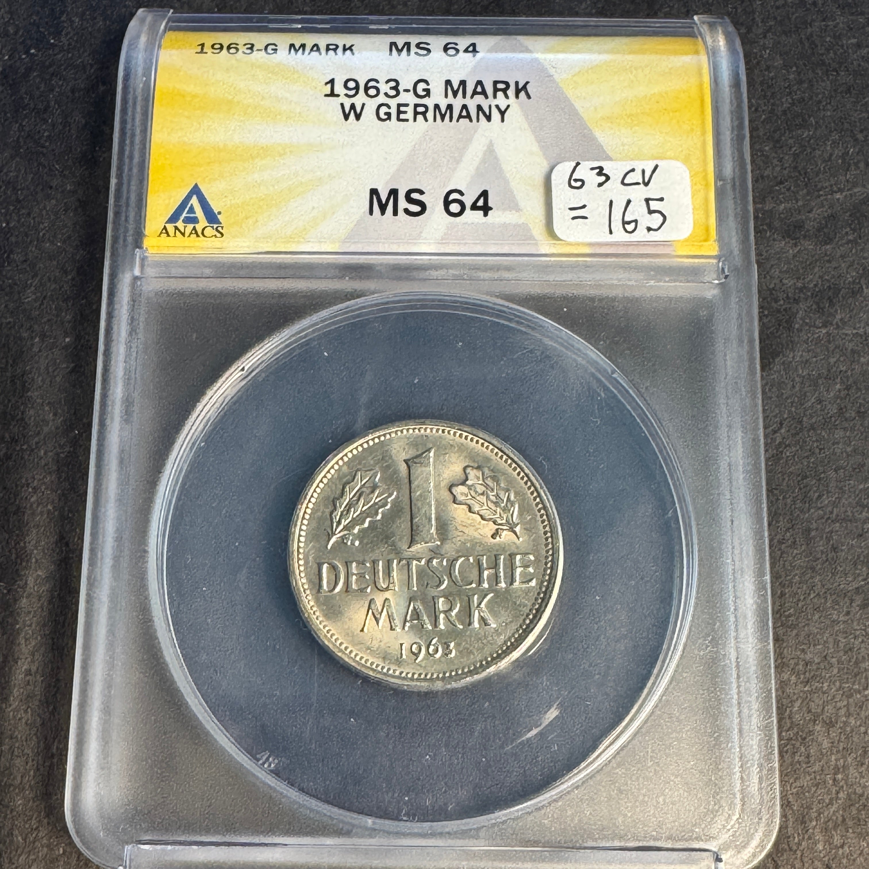 1963-G Germany 1 Mark, ANACS MS-64 🇩🇪 (63 CV = 165)
