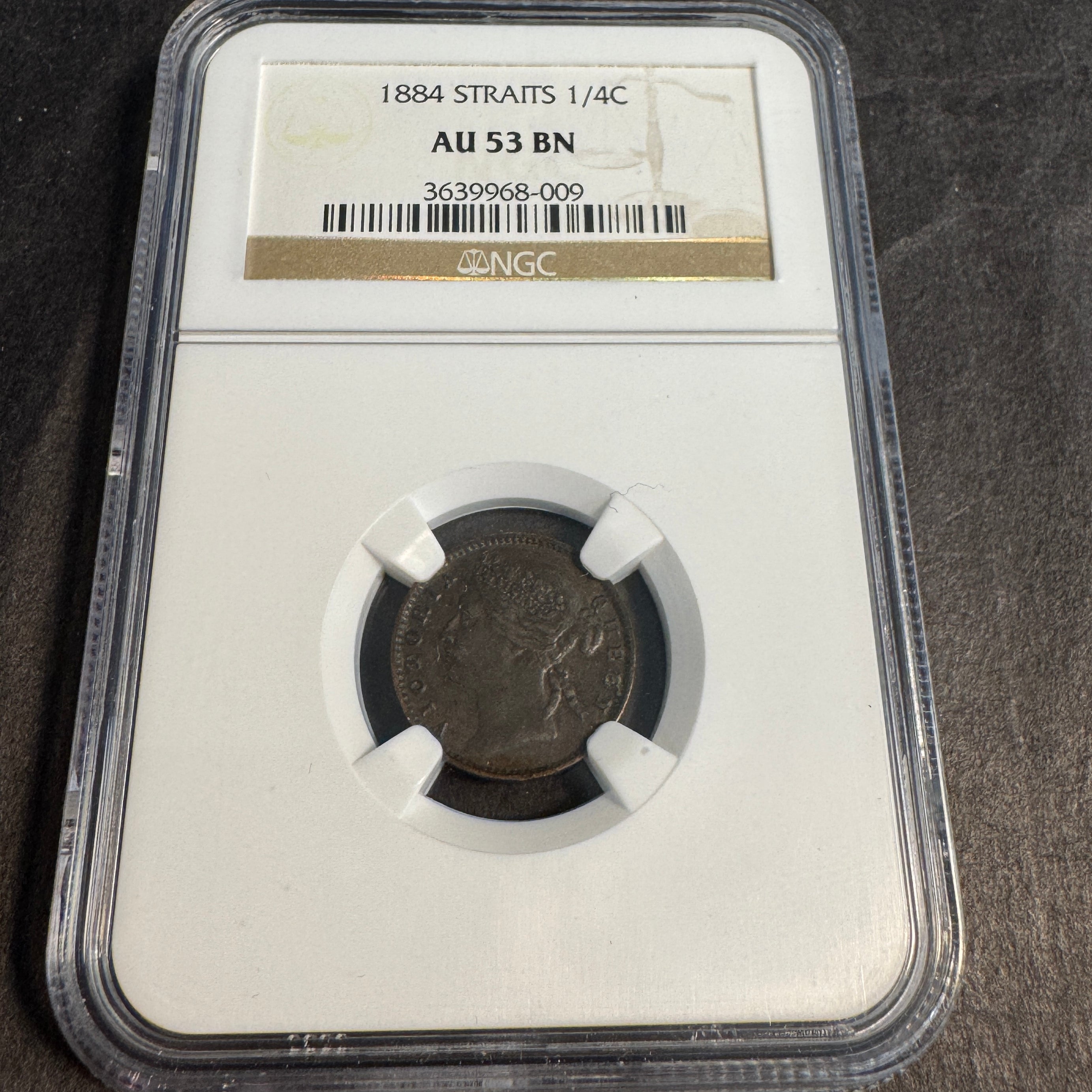 1884 Straits Settlements 1/4 Cent, Victoria, NGC AU-53 BN