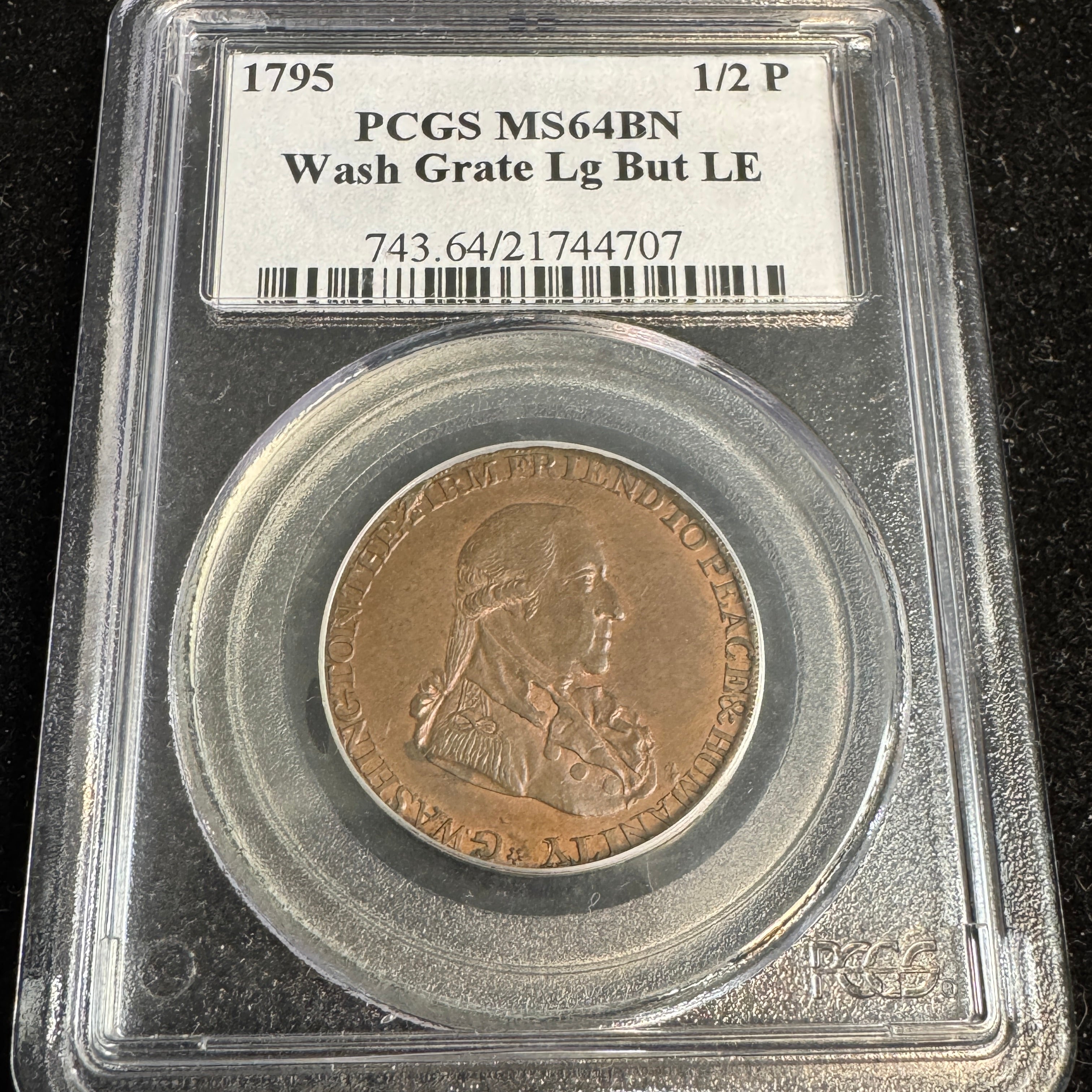 1795 George Washington “Grate” type London Conder 1/2 Penny, Lettered Edge, PCGS MS-64 BN