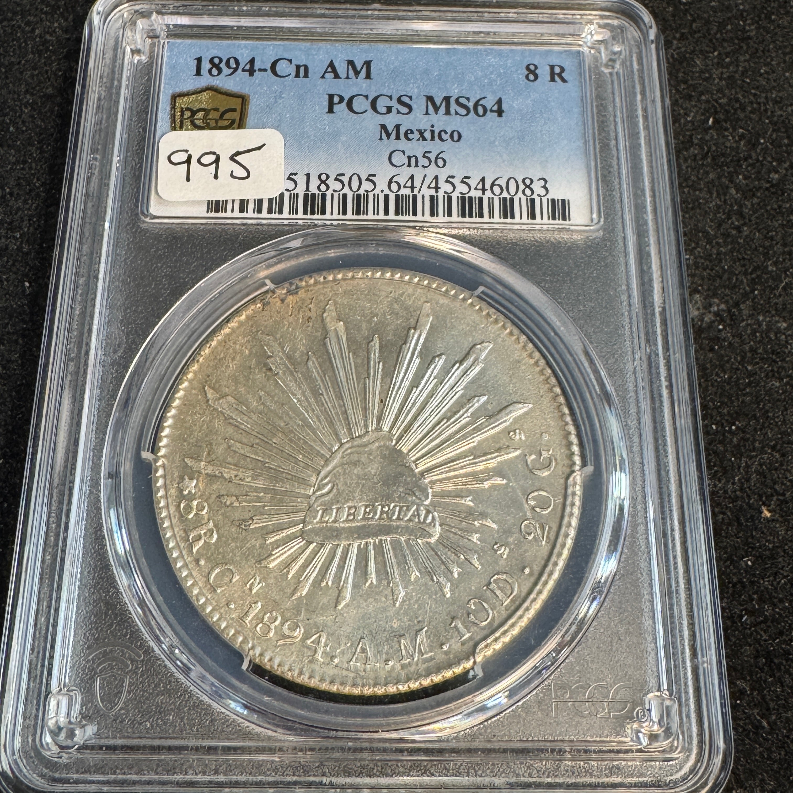 1894 Cn-AM Mexico Cap & Rays 8 Reales, PCGS MS-64