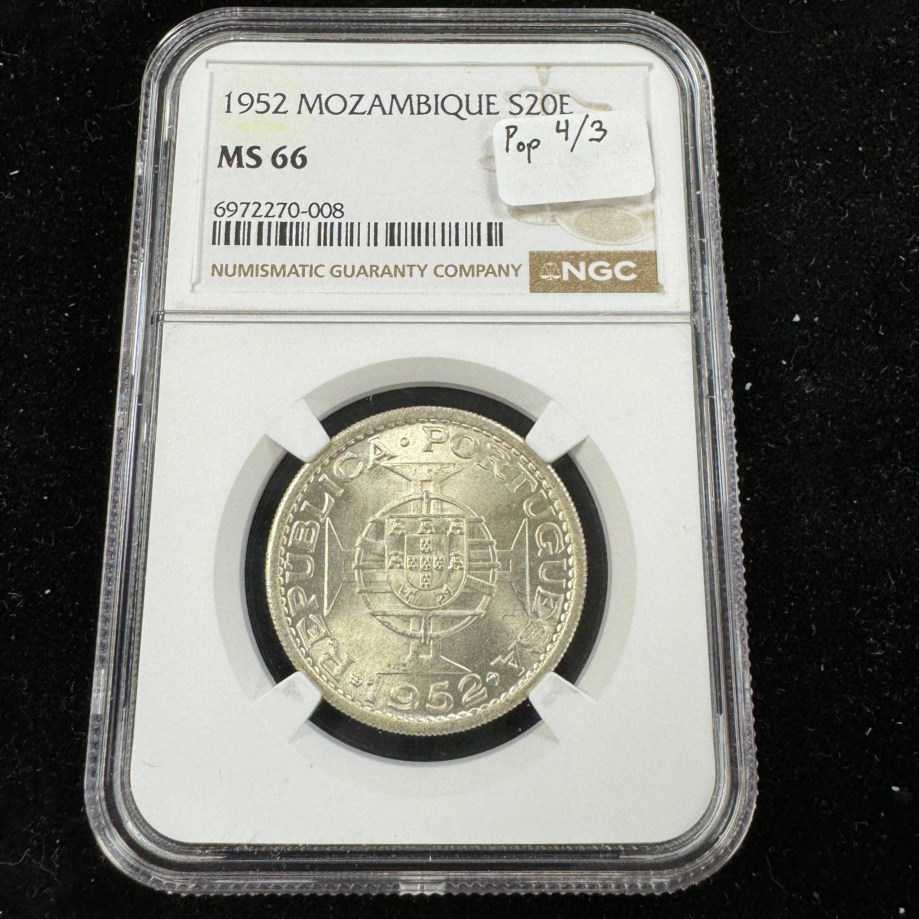 1952 Mozambique (Port.) AR 20 Escudos, NGC MS-66, Pop 4/3