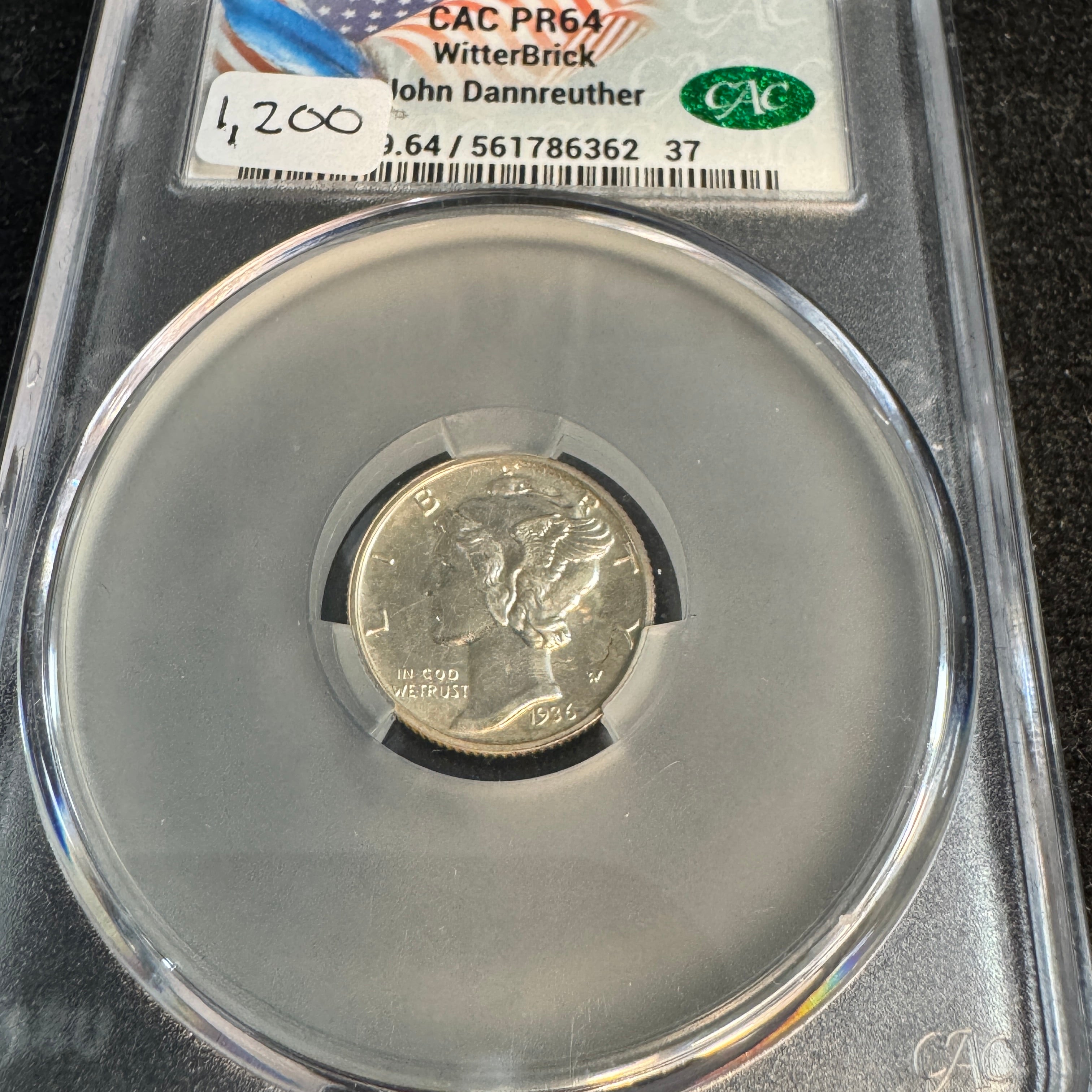 1936 Mercury Dime 10c Proof, “Witter Brick” CAC PR-64