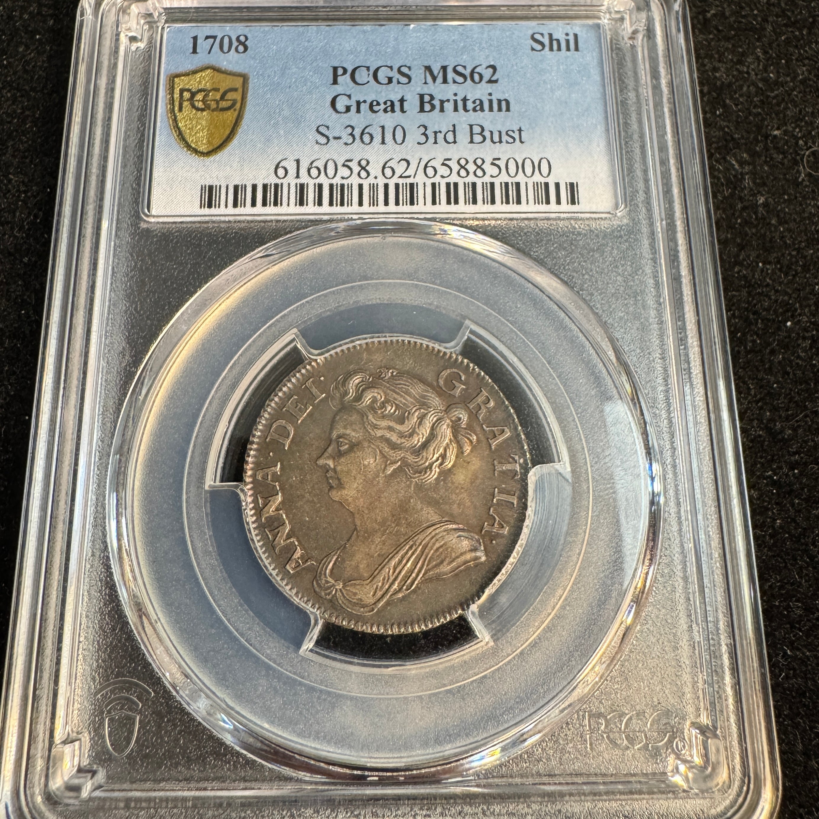 1708 Great Britain Shilling, Anne, S-3610 3rd Bust, PCGS MS-62