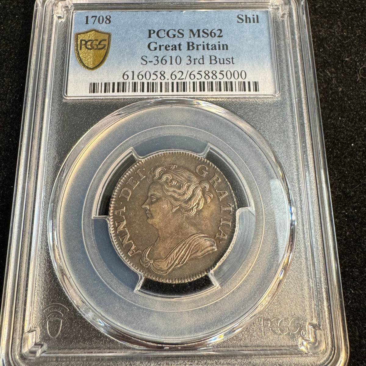 1708 Great Britain Shilling, Anne, S-3610 3rd Bust, PCGS MS-62