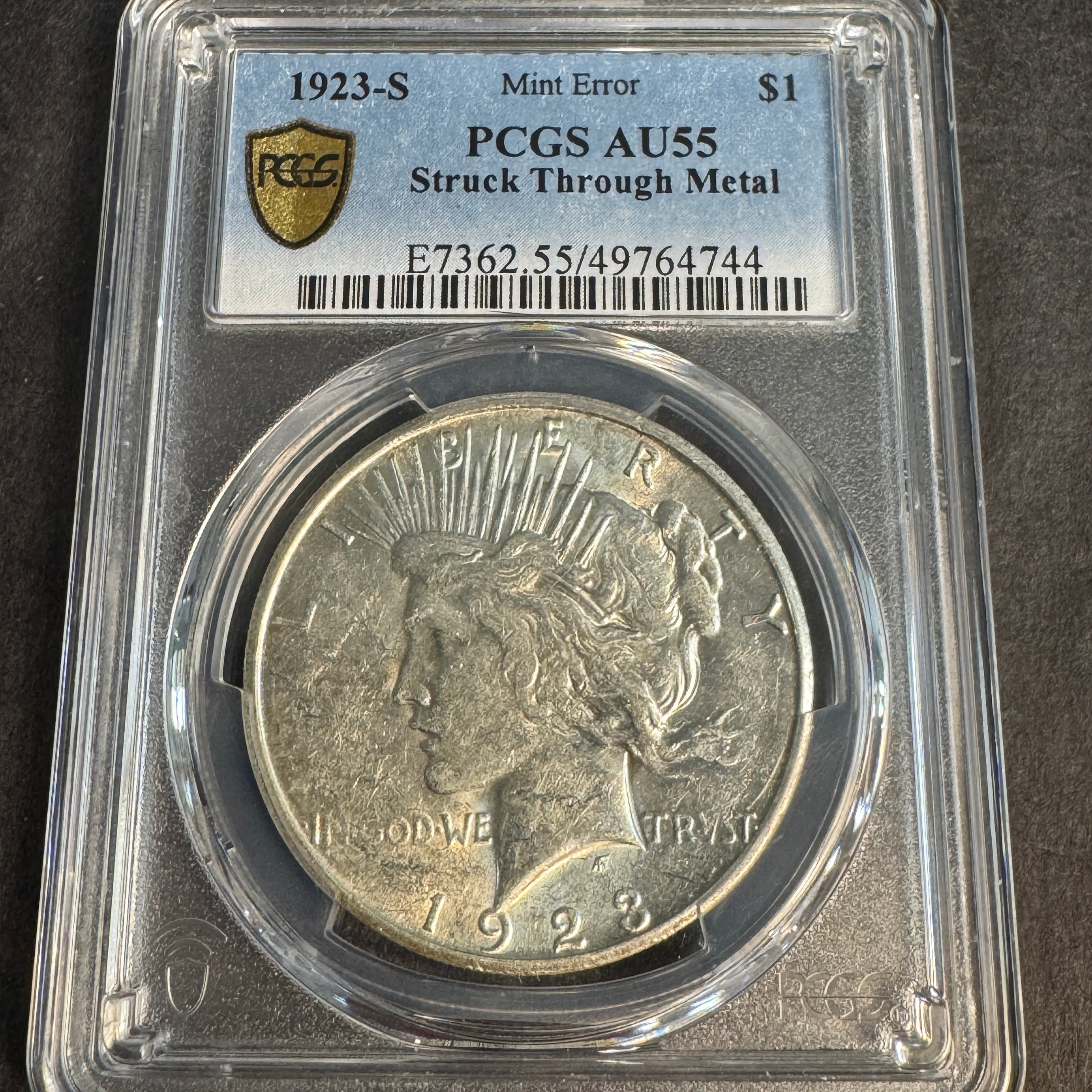 1923-S Peace Silver Dollar, MINT ERROR 🫣 Struck Through Metal! PCGS AU-55