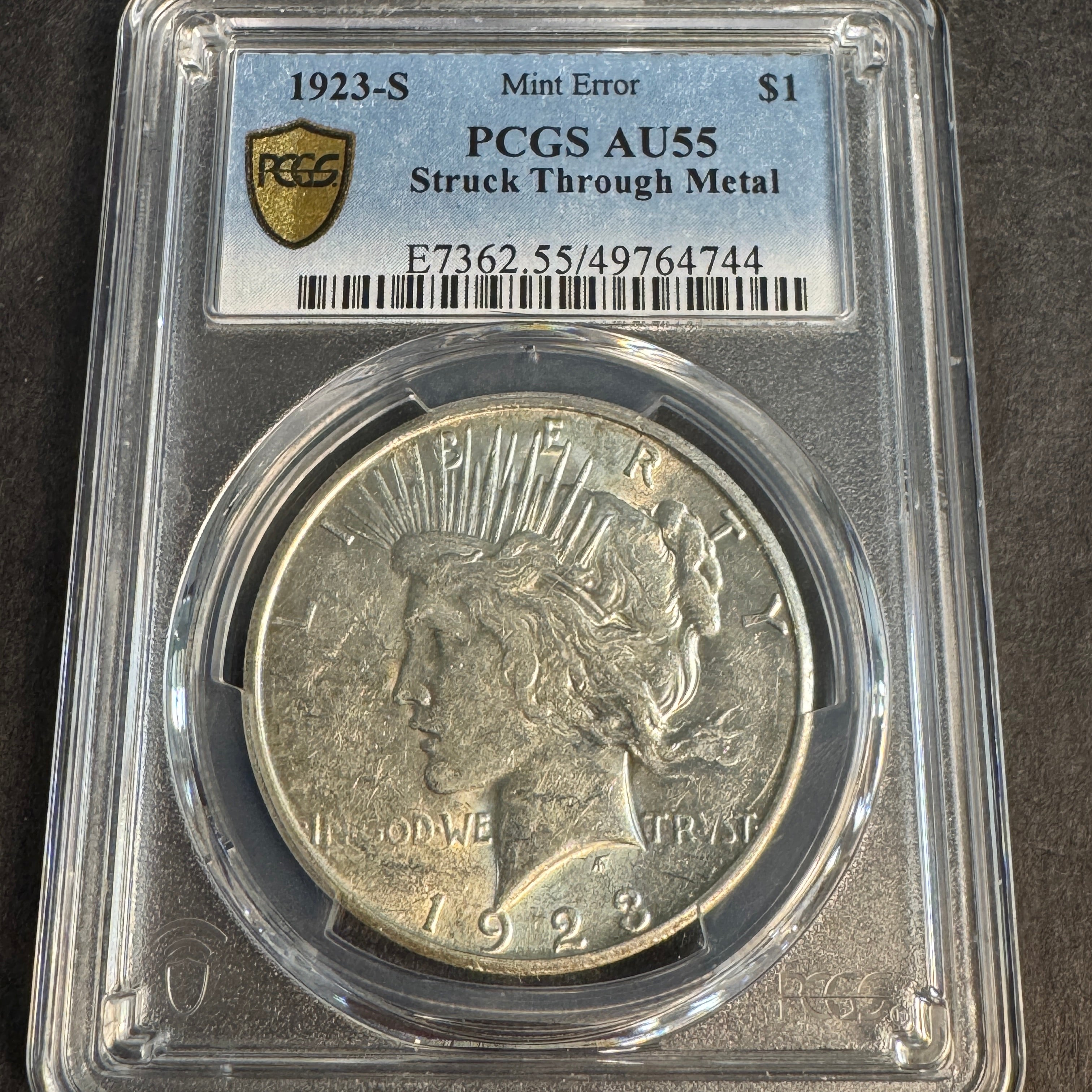 1923-S Peace Silver Dollar, MINT ERROR 🫣 Struck Through Metal! PCGS AU-55
