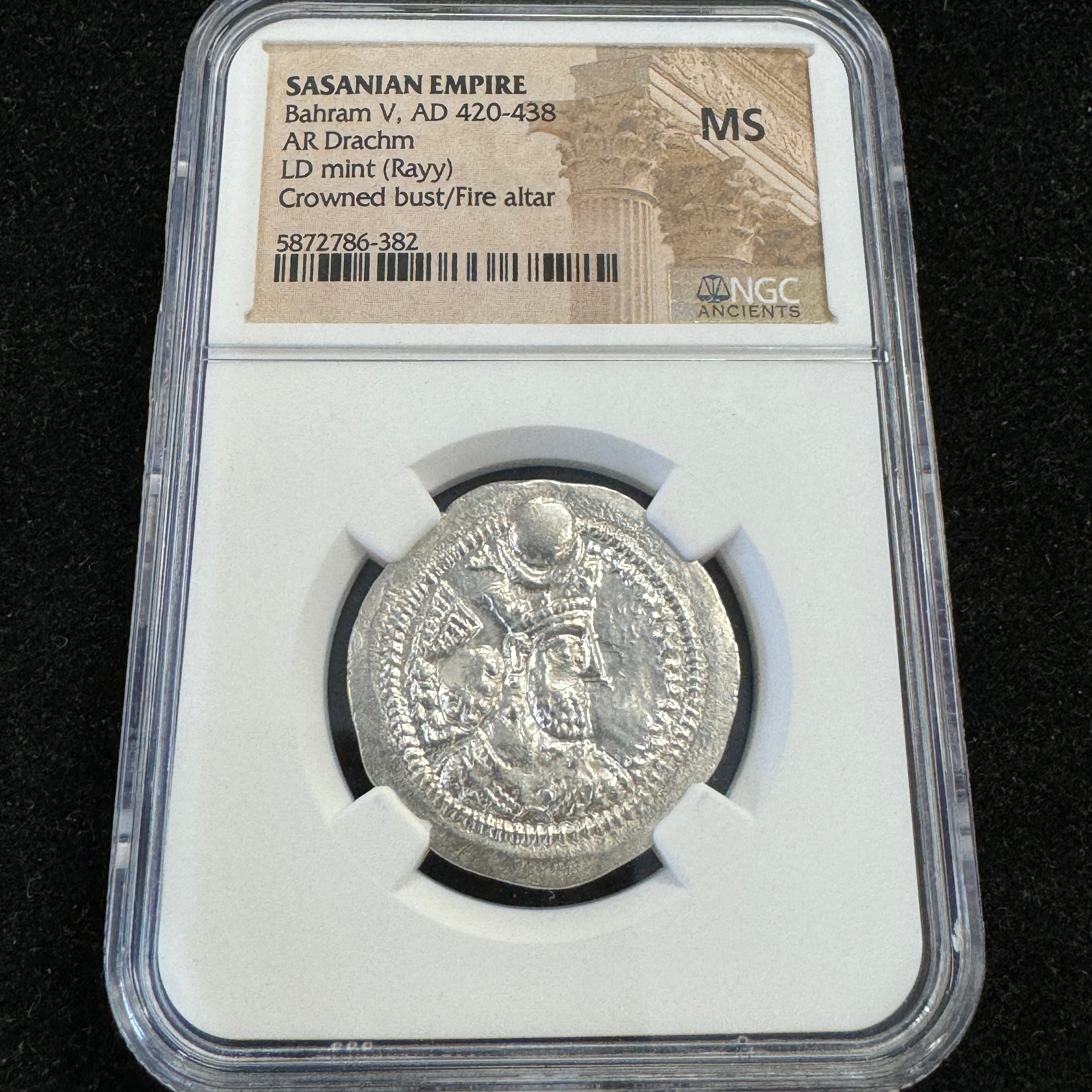 Sassanian Empire Bahram V (420-438 AD) AR Drachm, LD Mint, NGC MS