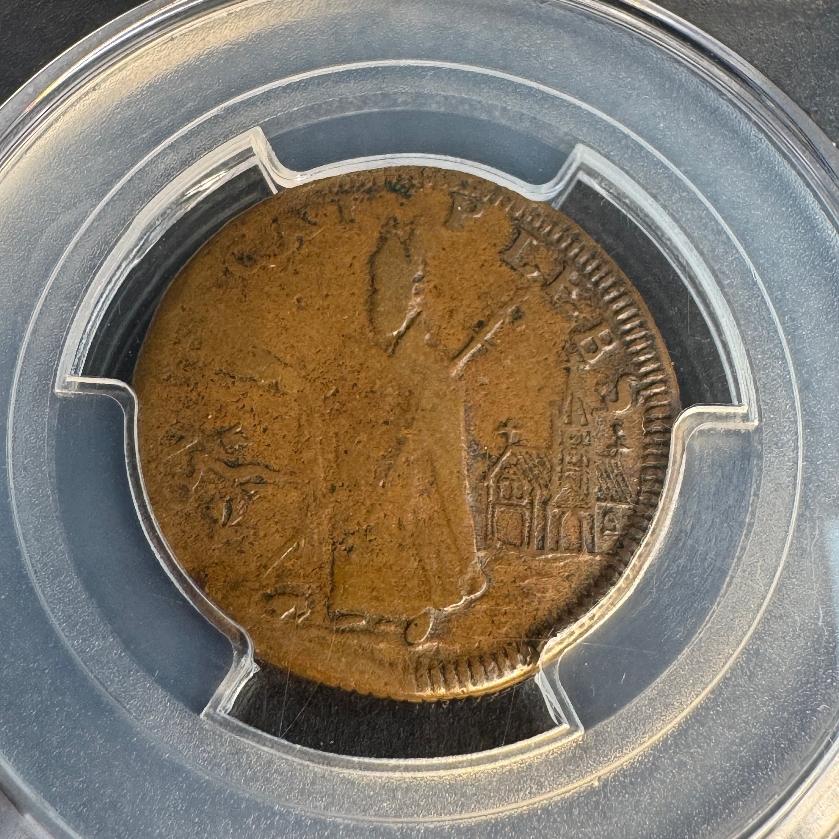 1670s New Jersey Saint Patrick Farthing, Martin 8a.4-Ca.1, PCGS F-15 ☘️