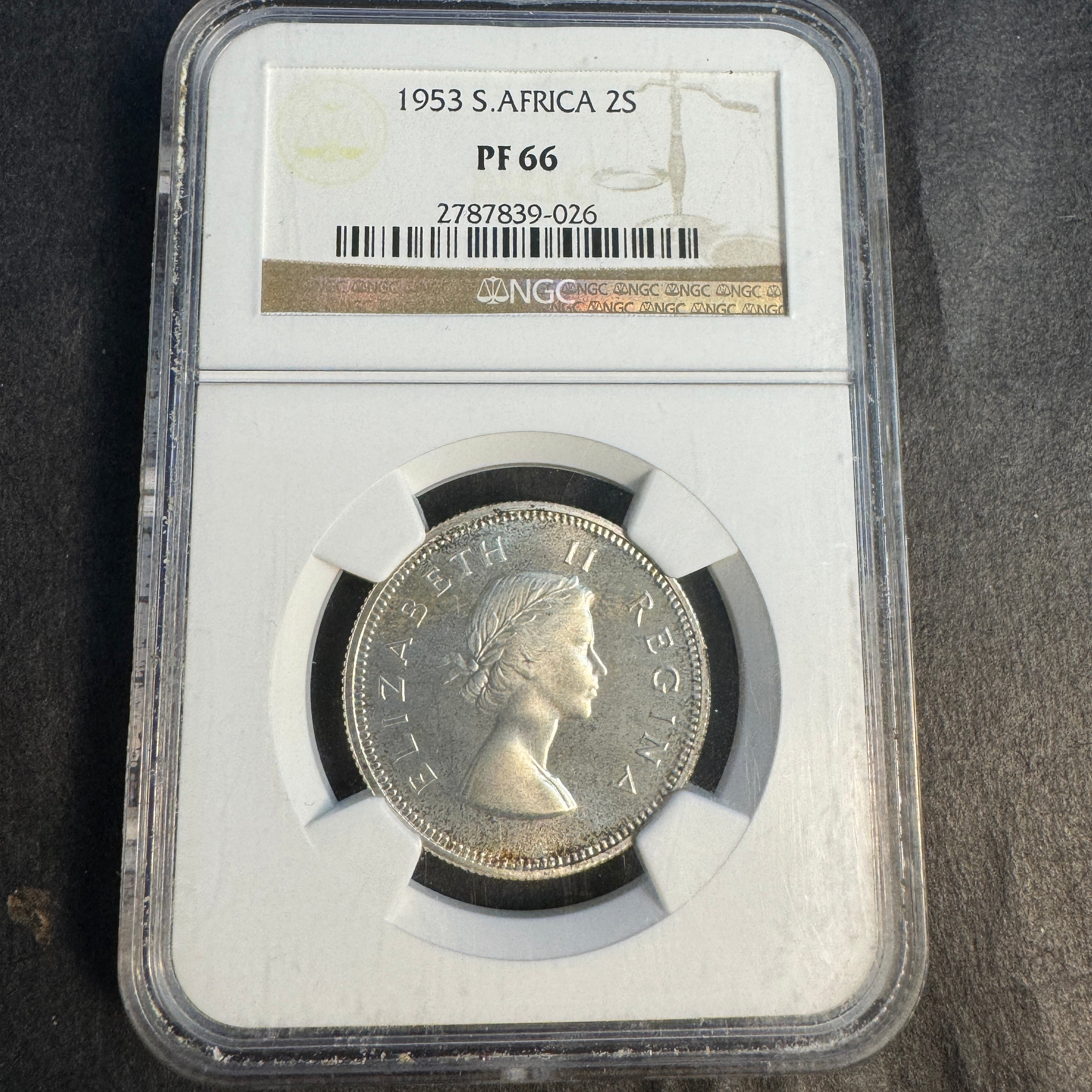 1953 South Africa AR 2 Shillings Proof, QEII, 5000 mintage, NGC PF-66