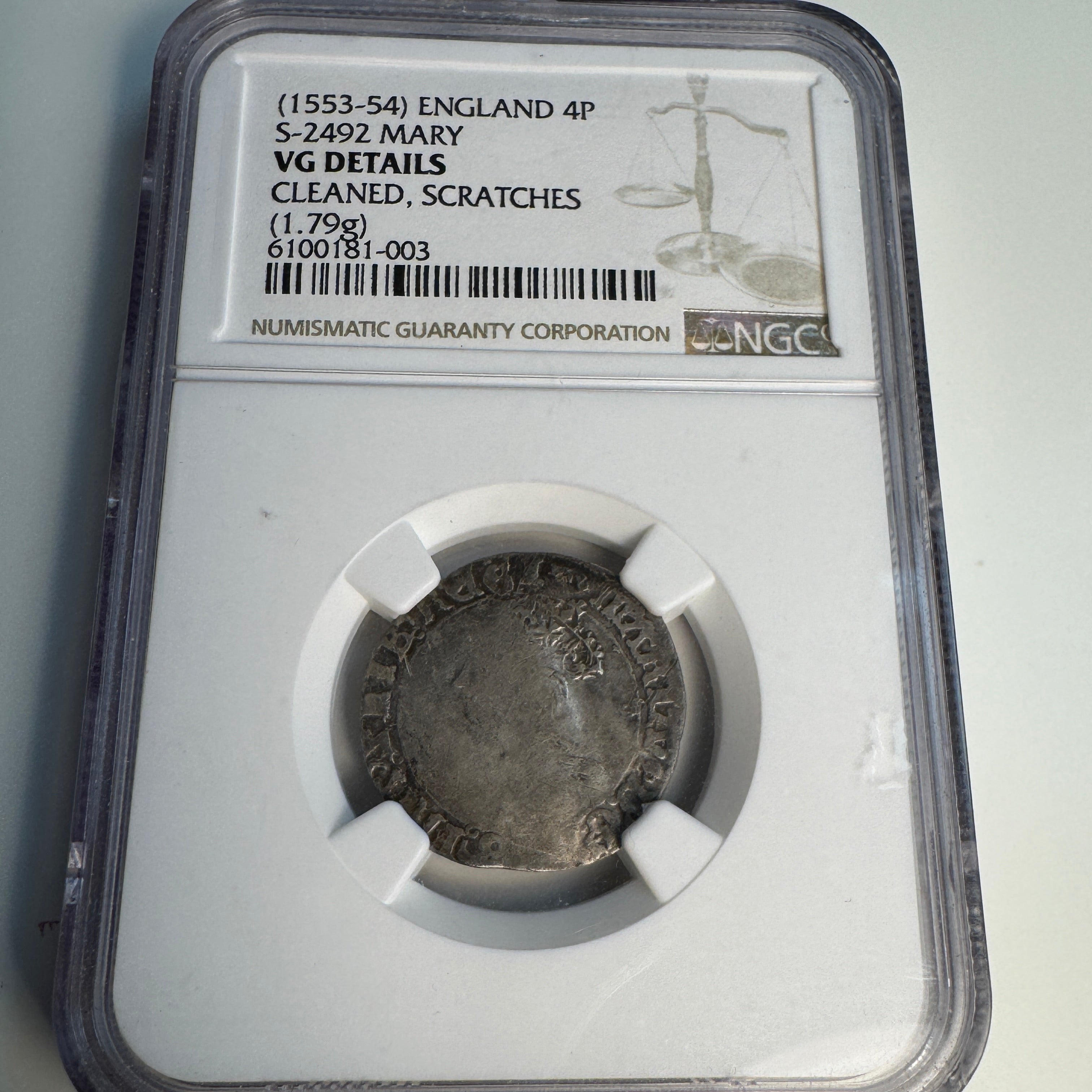 (1553-54) Queen Mary, England AR 4 Pence / Groat, Sp#2492, NGC VG Details 🏴󠁧󠁢󠁥󠁮󠁧󠁿