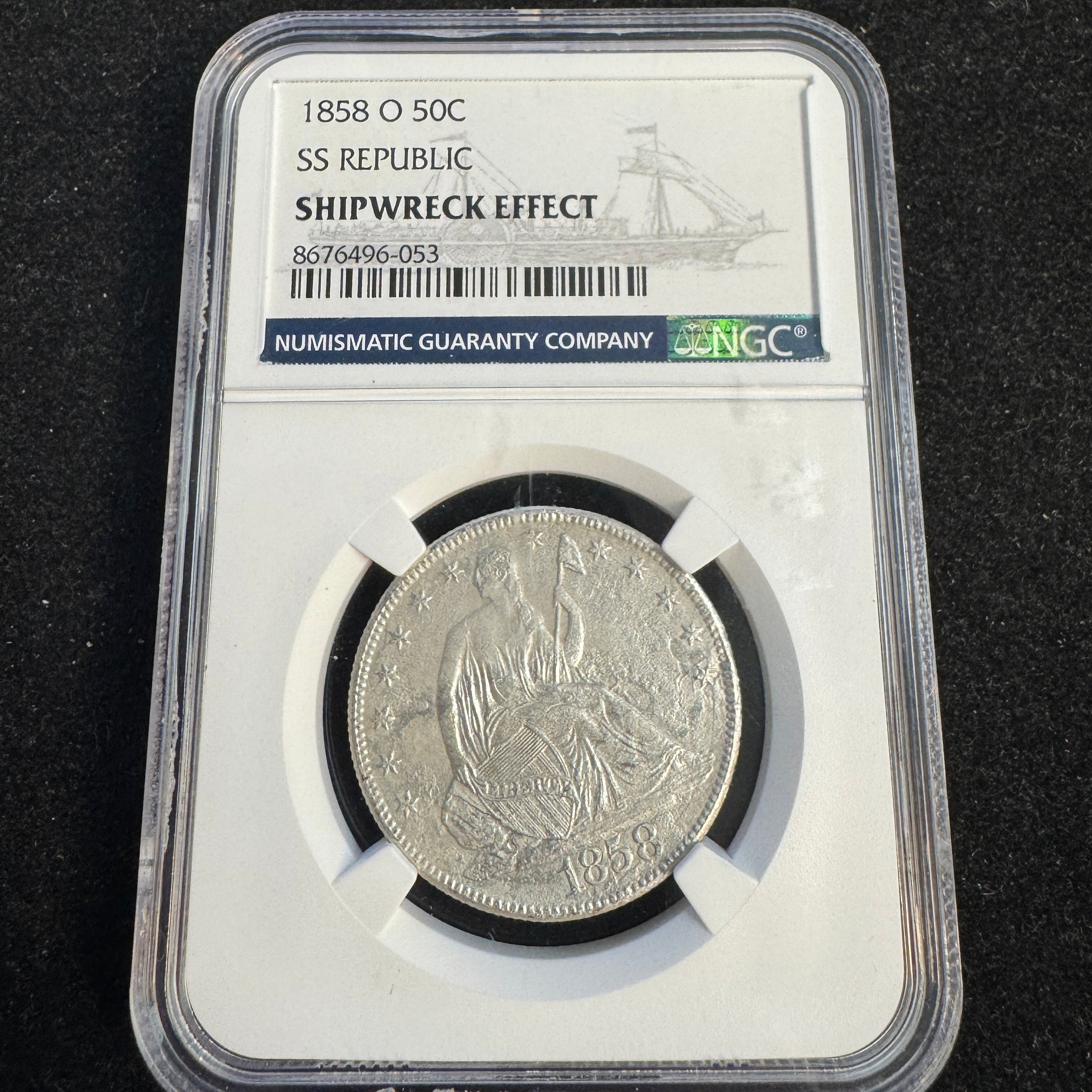 1858-O Seated Liberty Half 50c, SS Republic Shipwreck recovery NGC