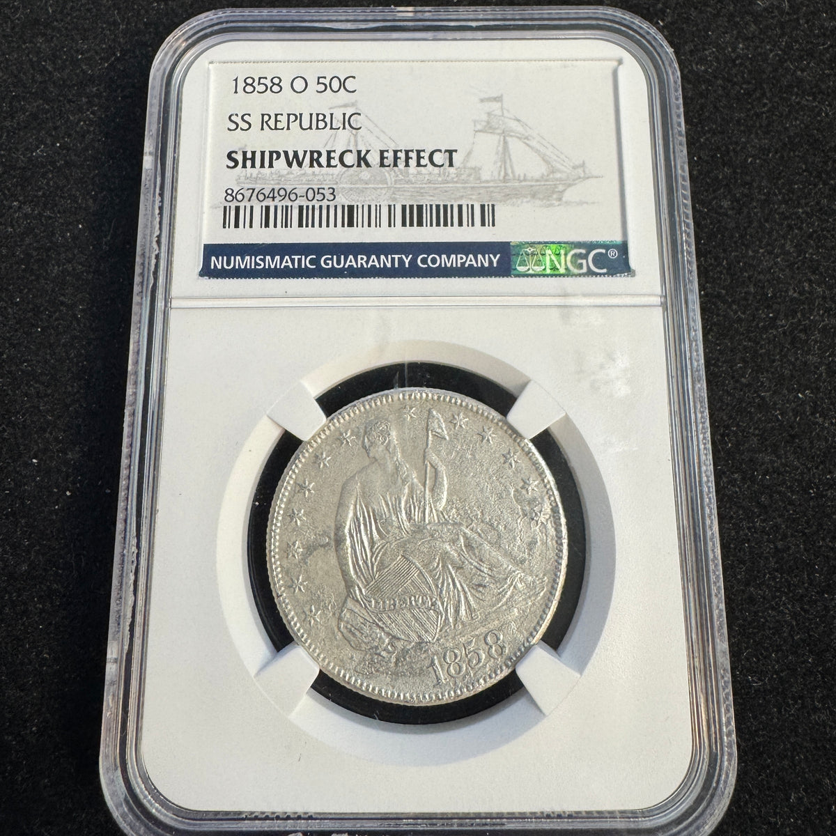 1858-O Seated Liberty Half 50c, SS Republic Shipwreck recovery NGC