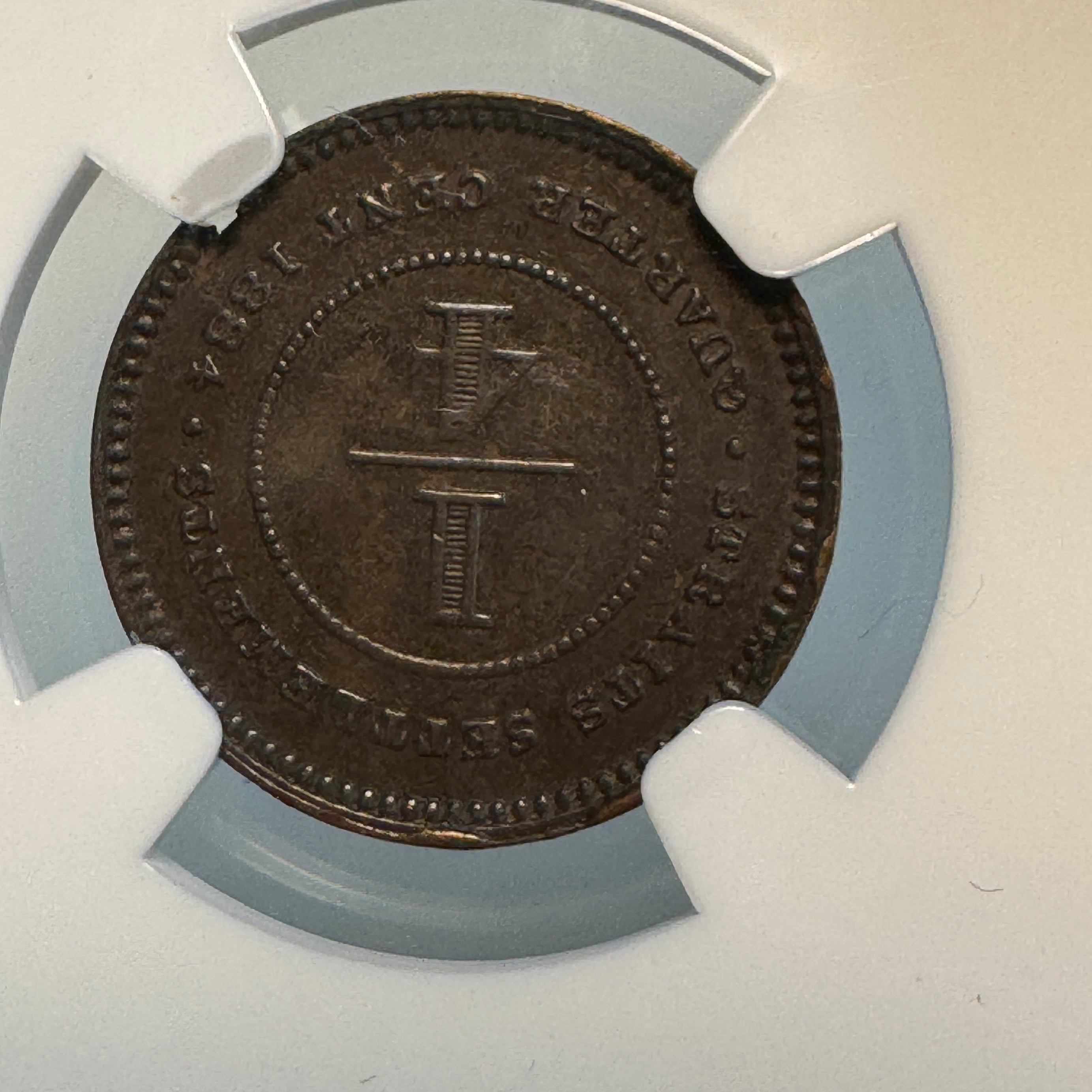 1884 Straits Settlements 1/4 Cent, Victoria, NGC AU-53 BN