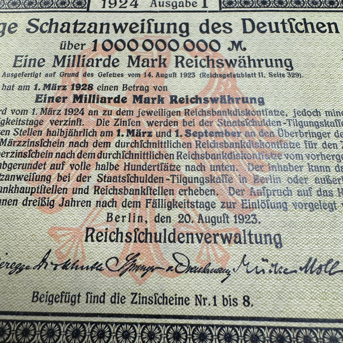 1924 Weimar Germany 1,000,000,000 Mark Bond with 6 coupons