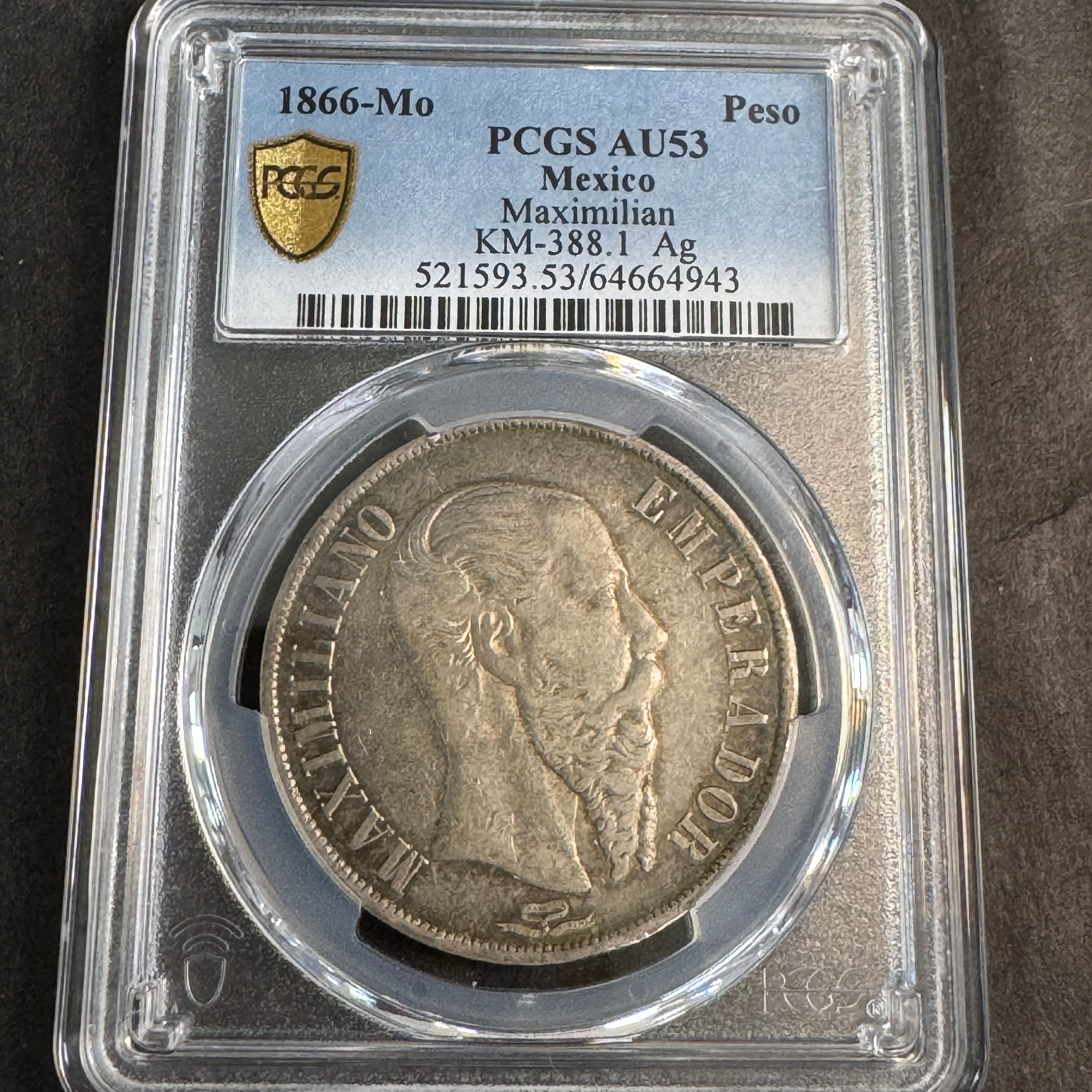 1866-Mo Empire of Maximilian Mexico AR 1 Peso, PCGS AU-53