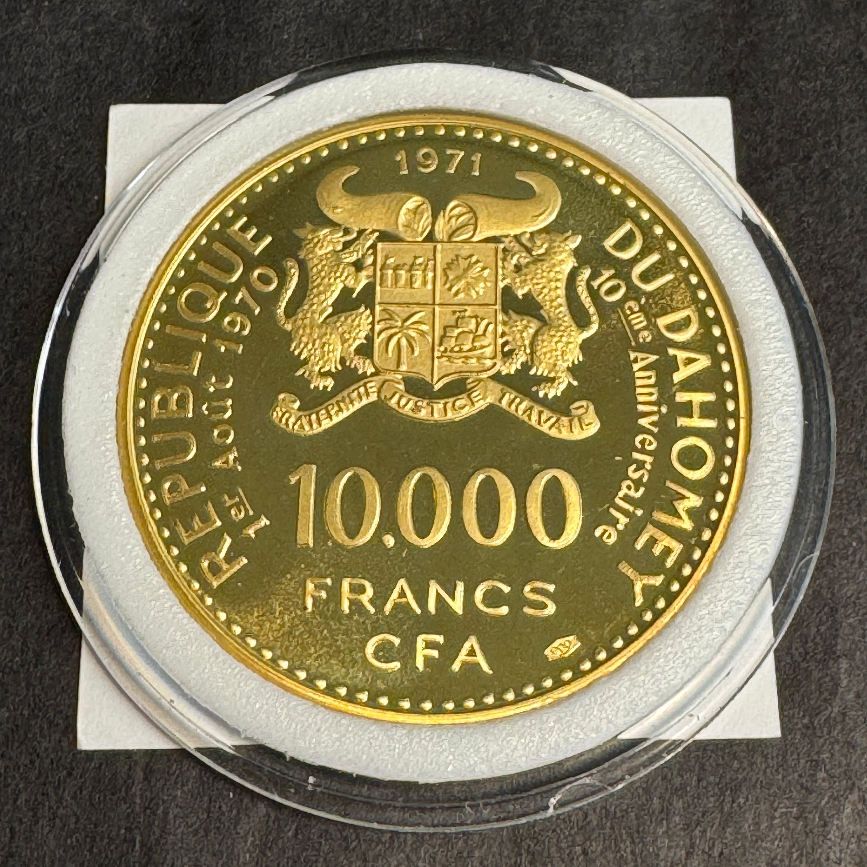 1971 Republic of Dahomey (Benin) 10,000 CFA Francs Gold Proof, KM-8, Hippos - Very Rare, 470 mtg. 🇧🇯