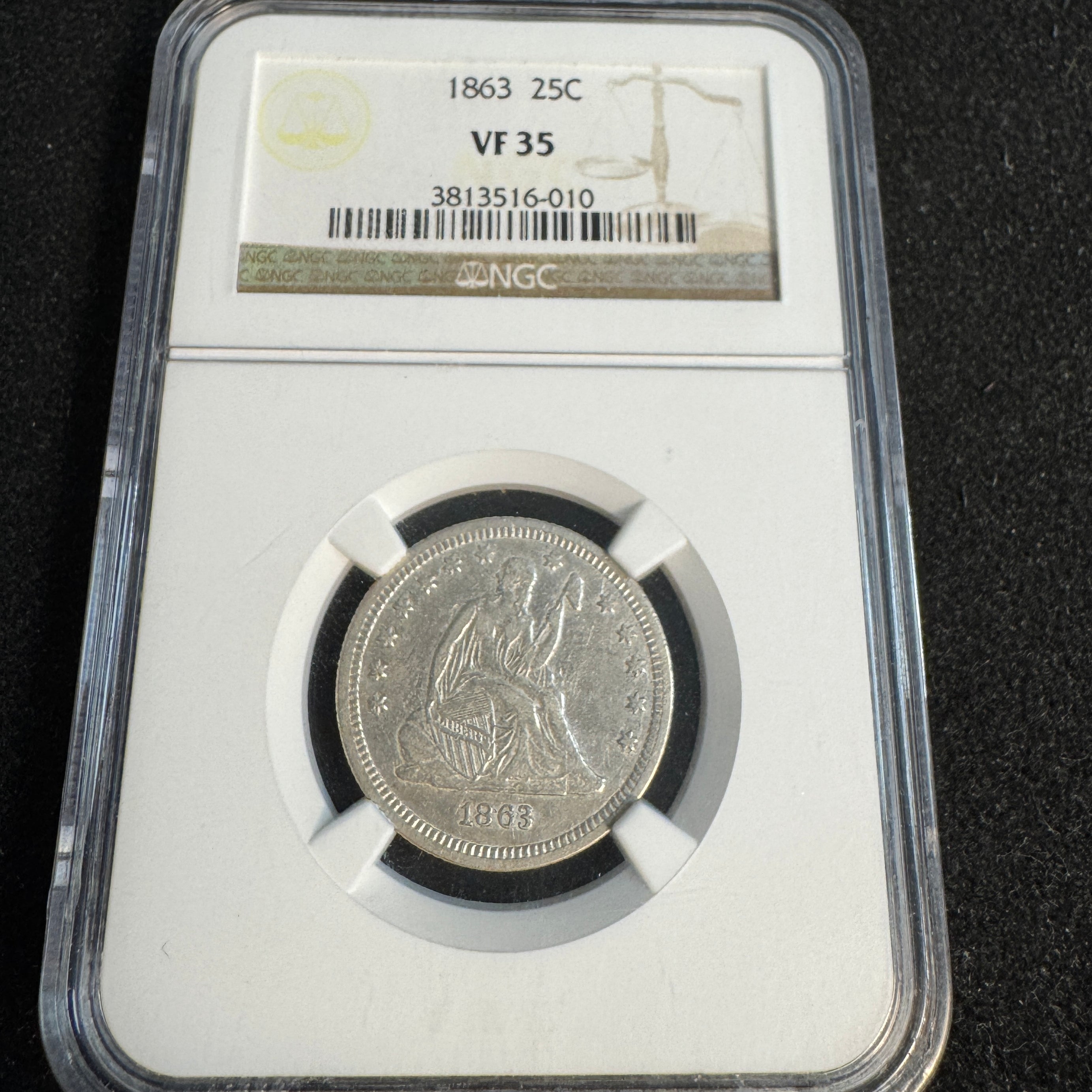 1863 (P) Seated Liberty Quarter, Civil War Era, NGC VF-35