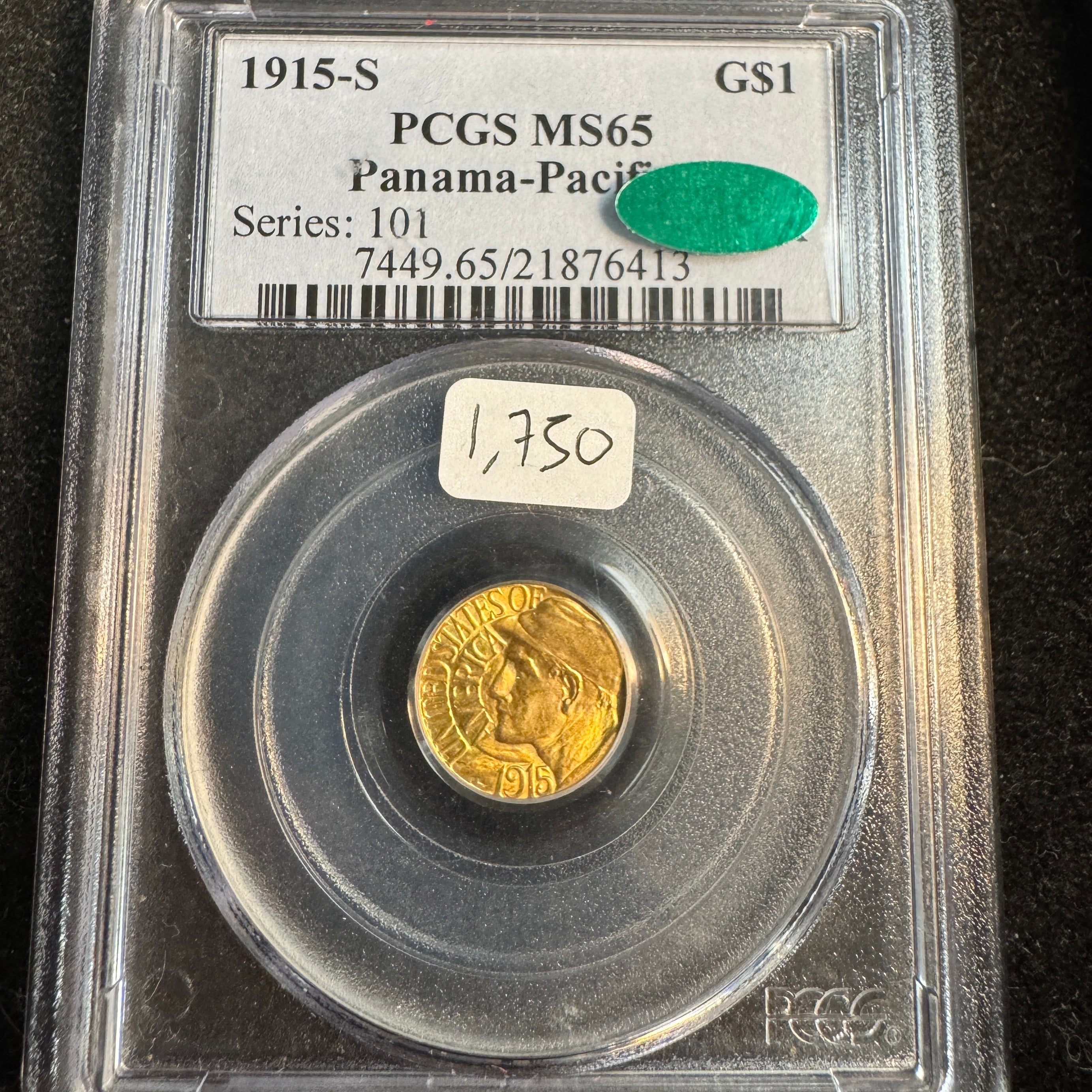 1915-S Panama-Pacific Expo $1 Gold Dollar, PCGS MS-65 Green CAC