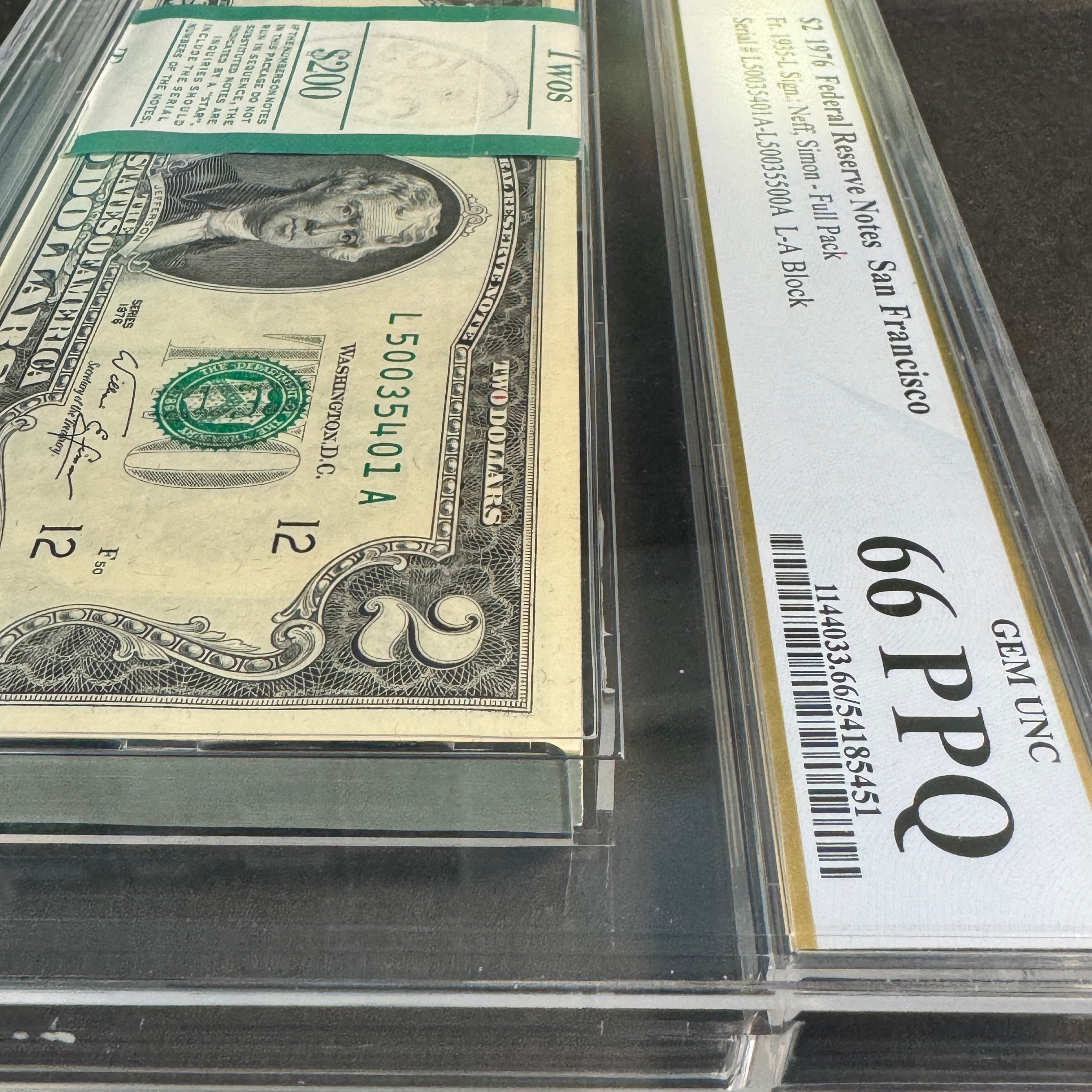 (100) $2 1976 Federal Reserve Notes, San Francisco L-A Block, Original BEP Strap, PCGS Gem UNC 66 PPQ