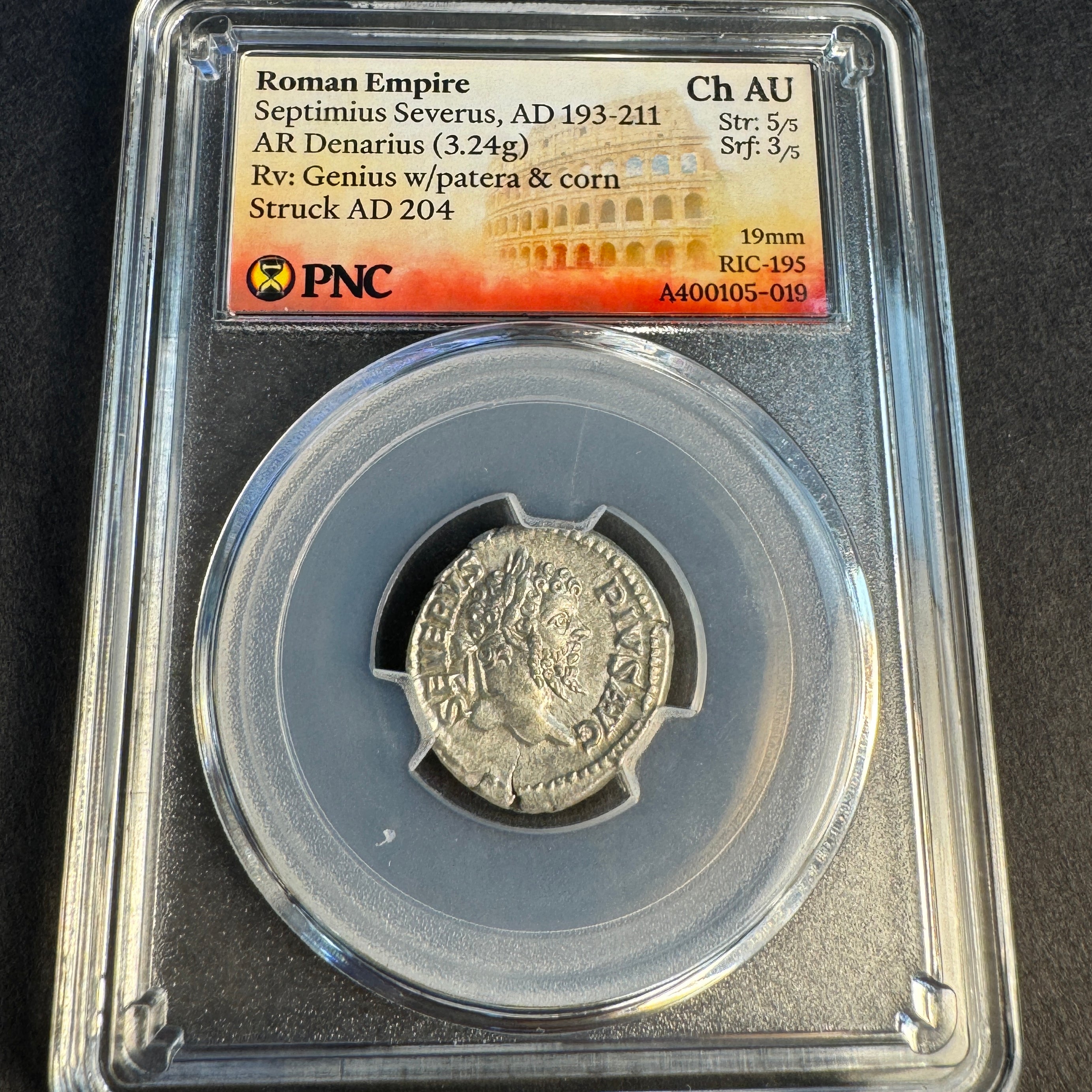 Septimus Severus (AD 193-211) Roman Empire, AR Denarius, Rv: Genius w/Patera, RIC-195, PNC Choice AU