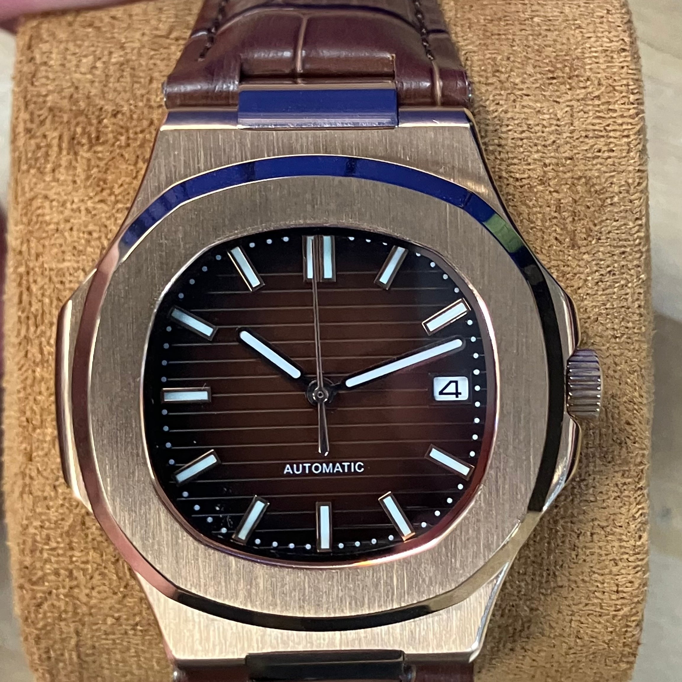 Trey Peru Hand Built Watch and Movement - Embossed Brown Dial leather band