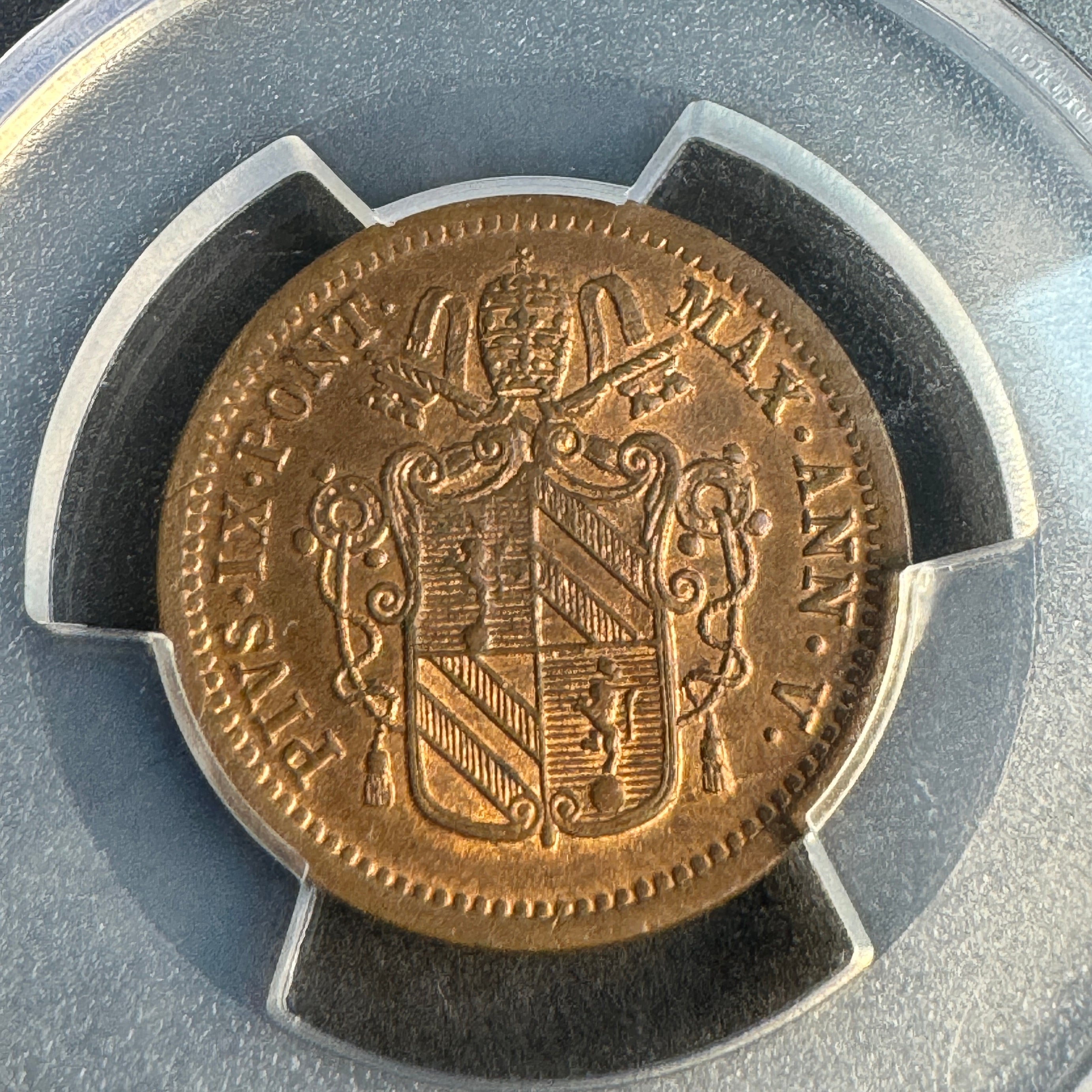 1850-R Papal States 1/2 Baiocco AE, Pius IX Anno V, PCGS MS-65+ RB Red-Brown🇻🇦Top Pop 1/0 🏆