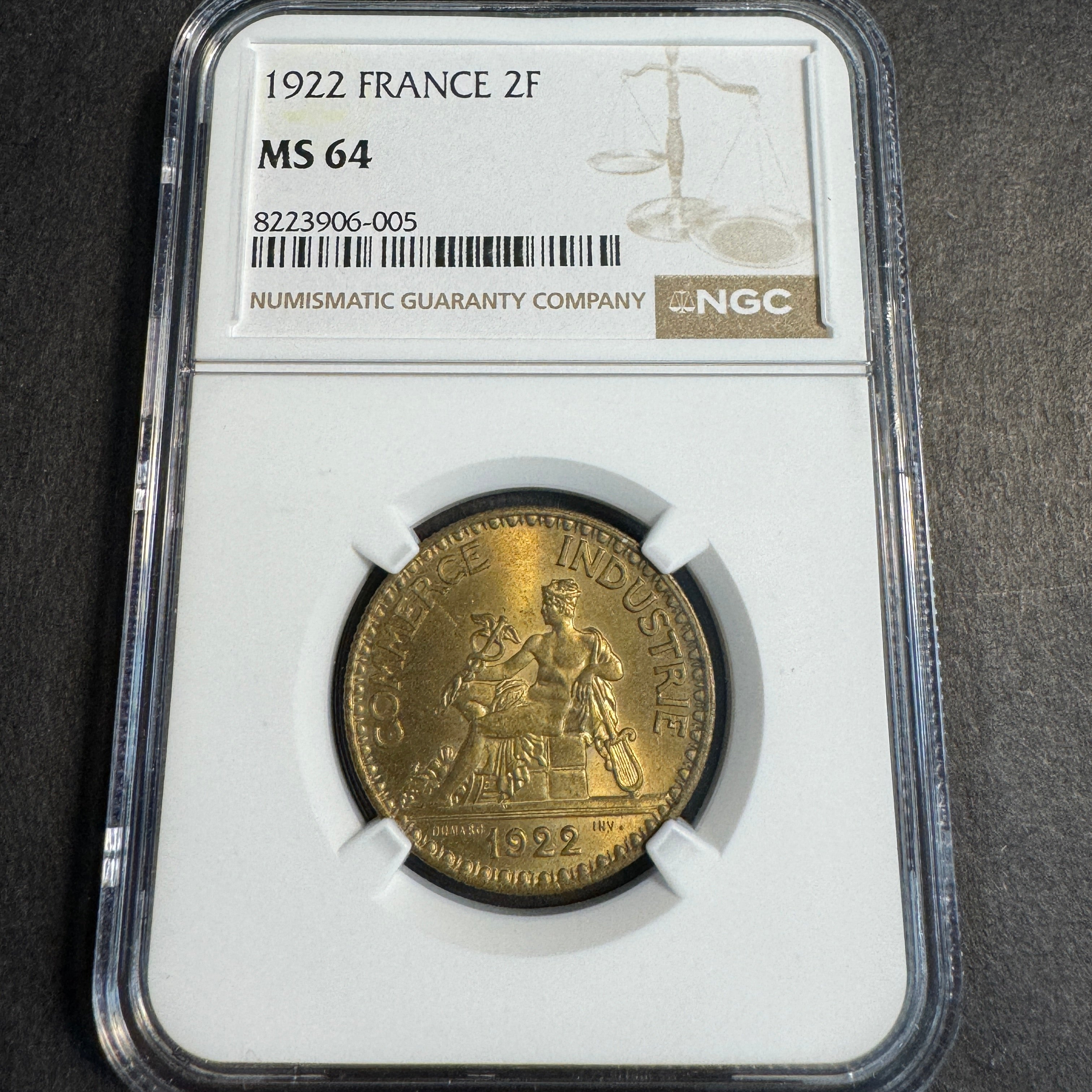 1922 France 2 Francs, “Chamber of Commerce” Seated Mercury, NGC MS-64 🇫🇷