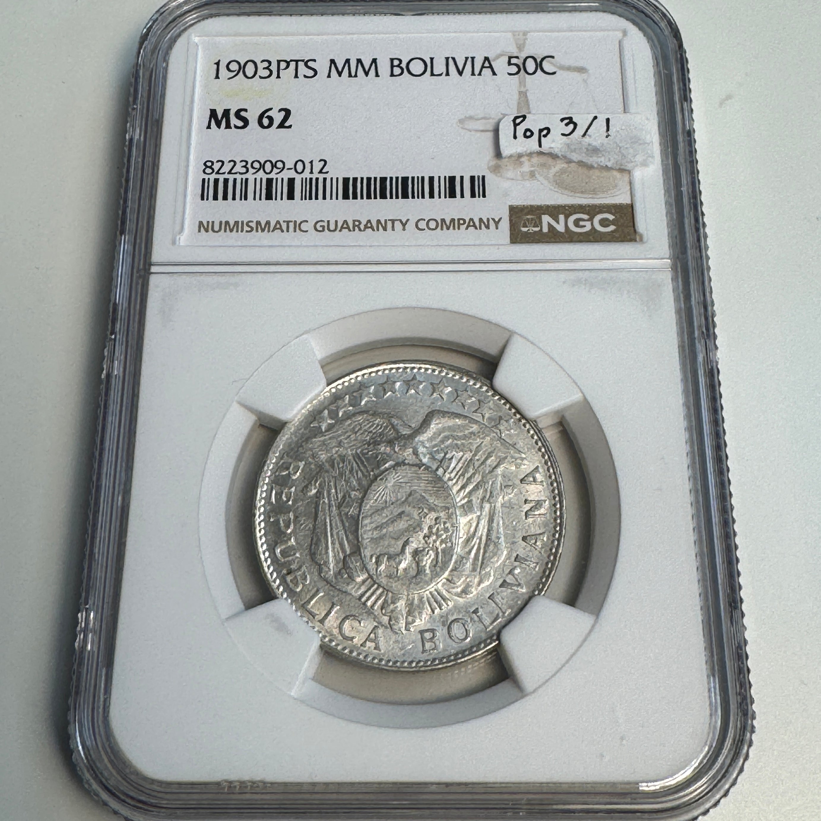 1903 PTS-MM Bolivia AR 50 Centavos, NGC MS-62, Pop 3/1