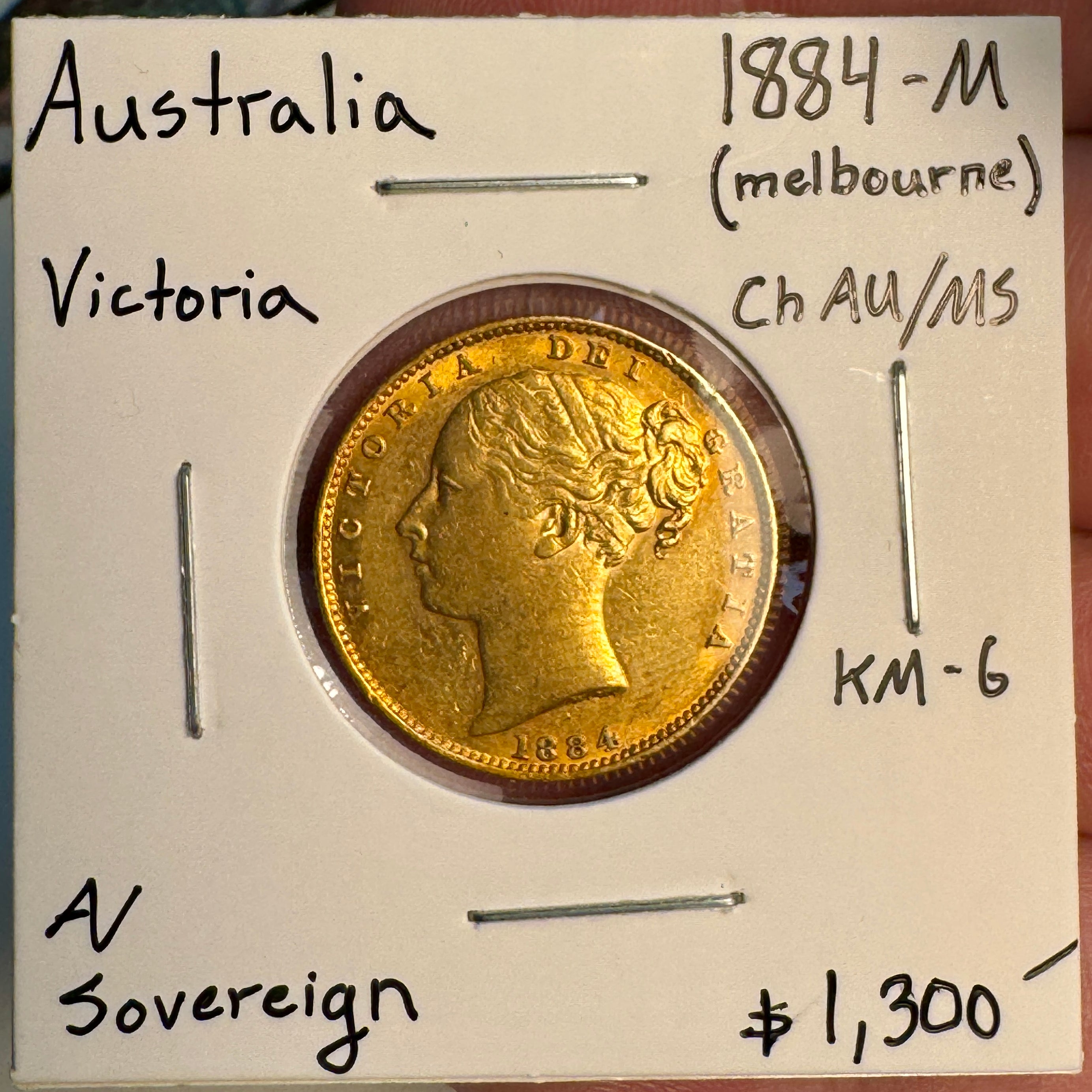 1884-M Australia Gold Sovereign, Victoria KM-6, AU+/MS 🇦🇺