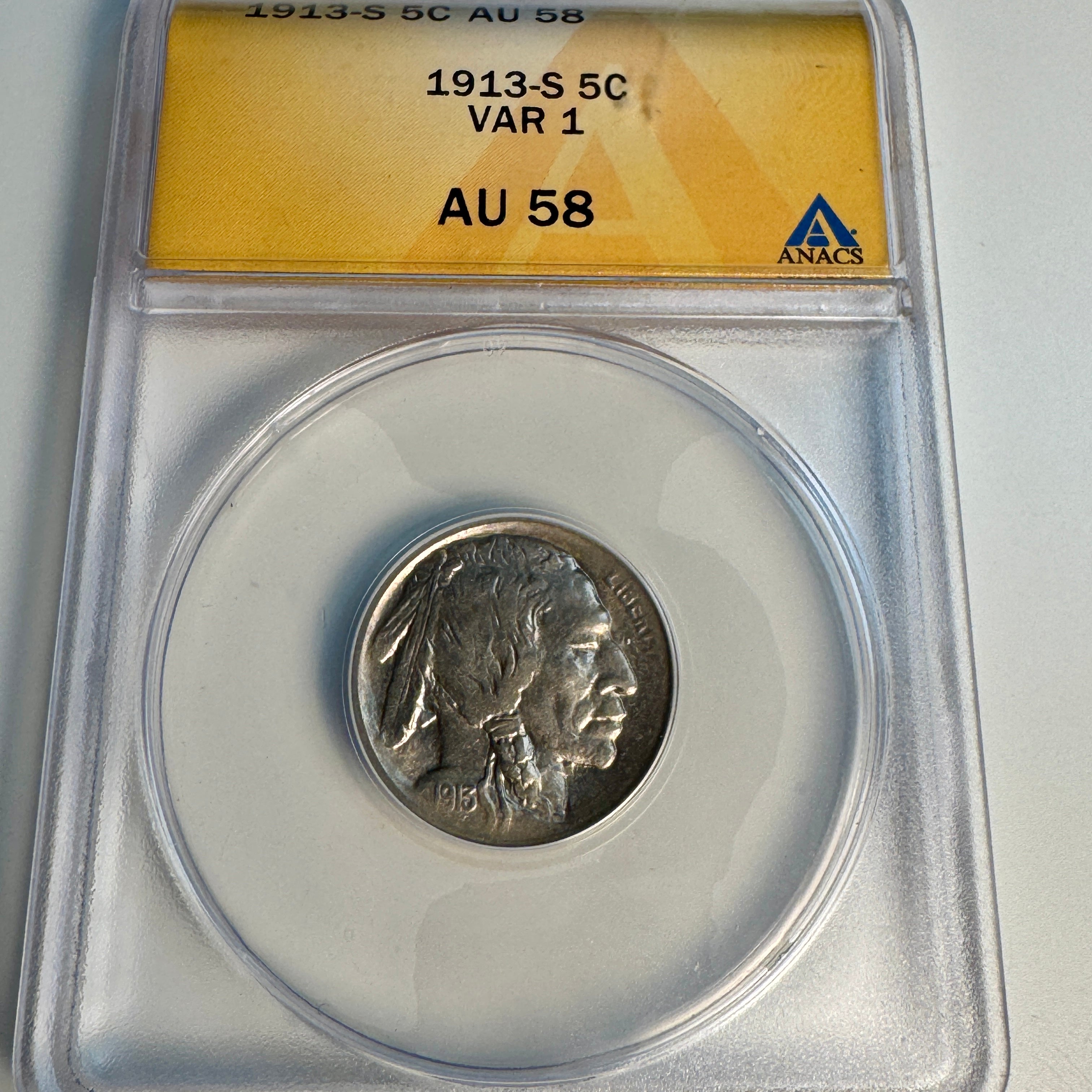 1913-S Type 1 Buffalo Nickel 5c, ANACS AU-58
