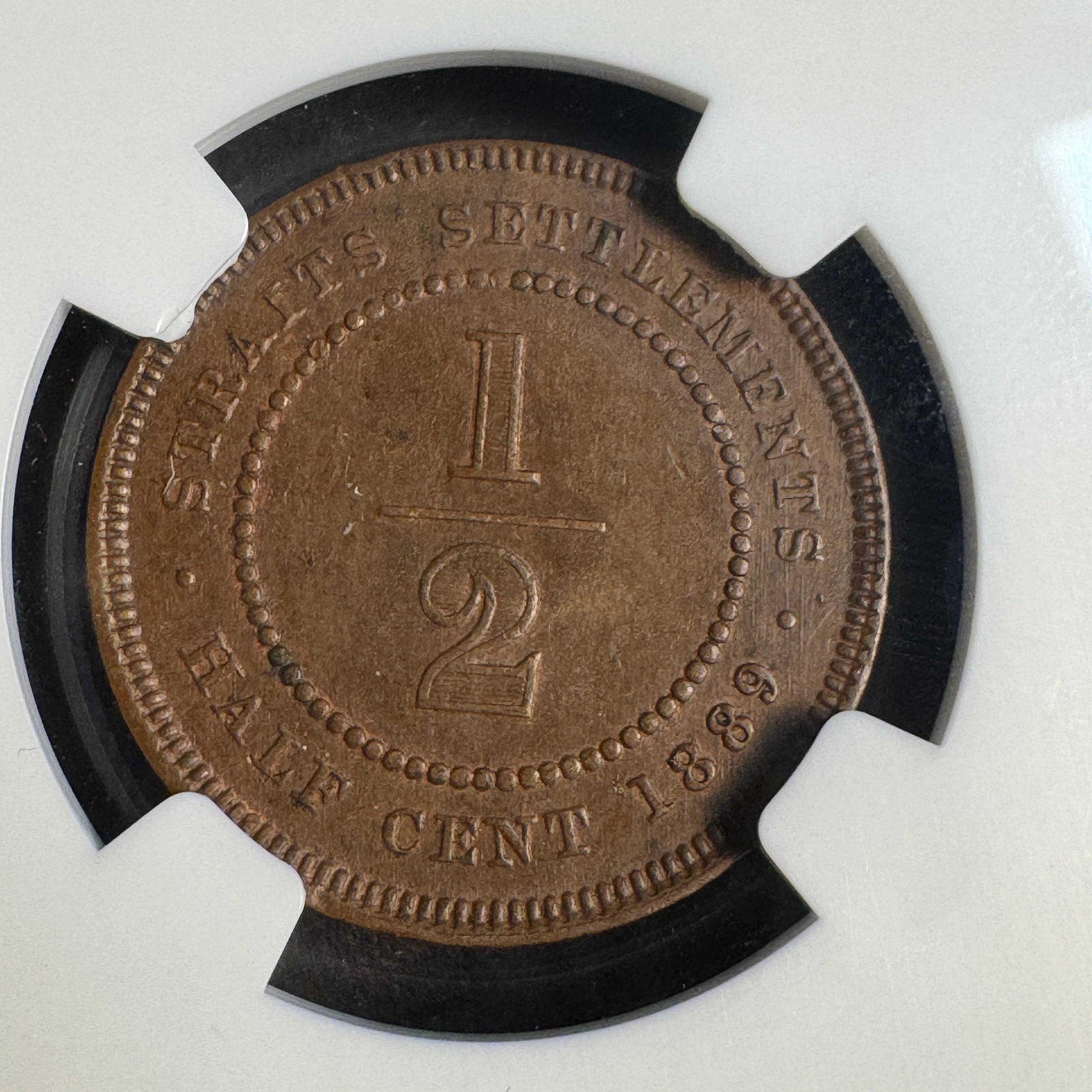 1889 Straits Settlements 1/2 Cent, Victoria, NGC AU-58 BN
