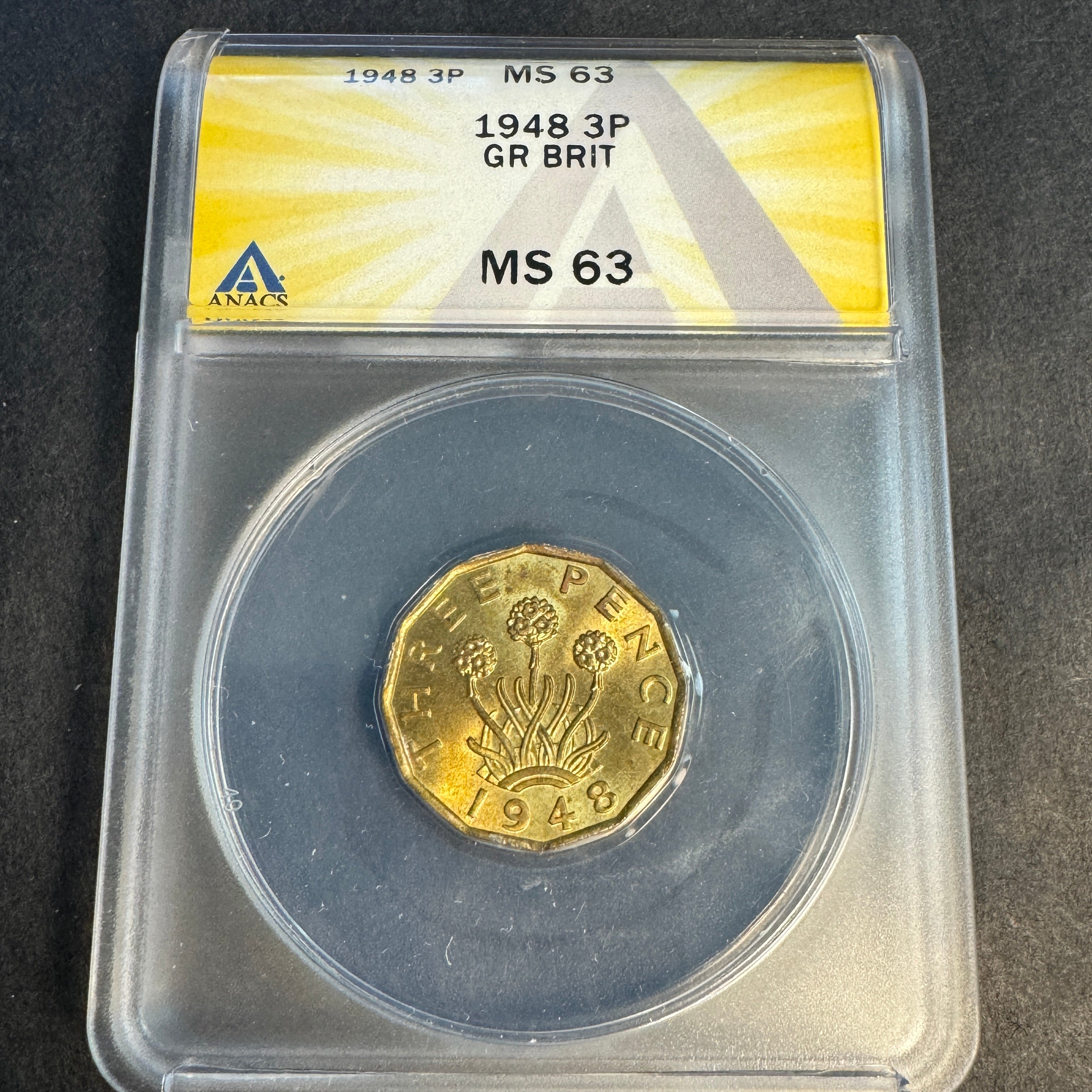 1948 Great Britain 3 Pence Ni-Br, KGVI, ANACS MS-63 🇬🇧