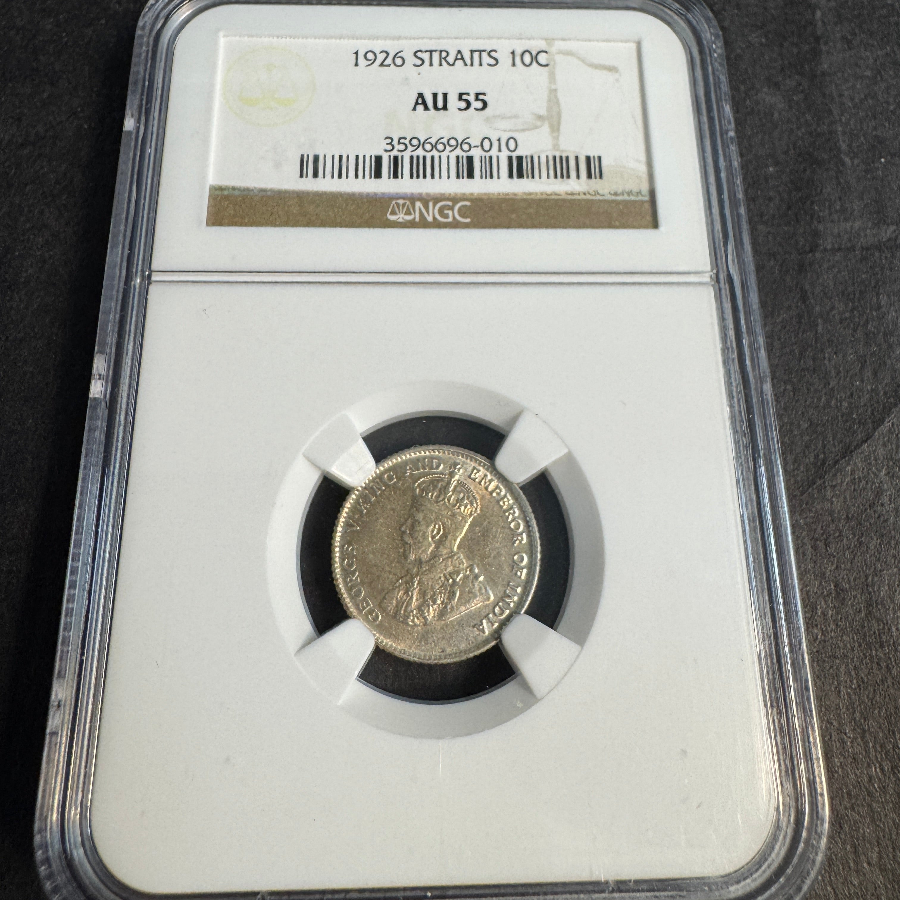 1926 Straits Settlements 10 Cents Silver, George V, NGC AU-55