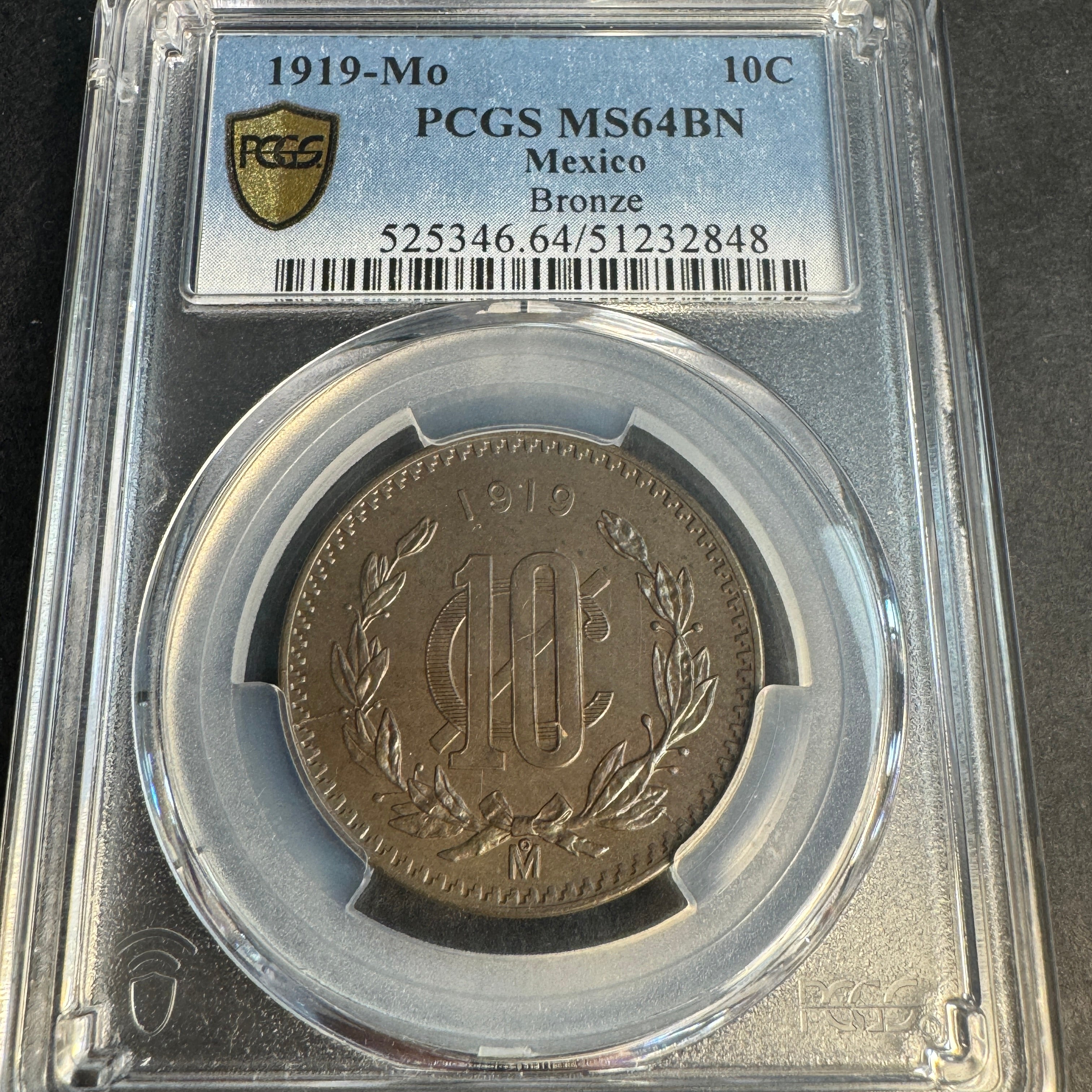 1919-Mo Mexico 10 Centavos Bronze, PCGS MS-64 BN 🇲🇽 Pop 4/7