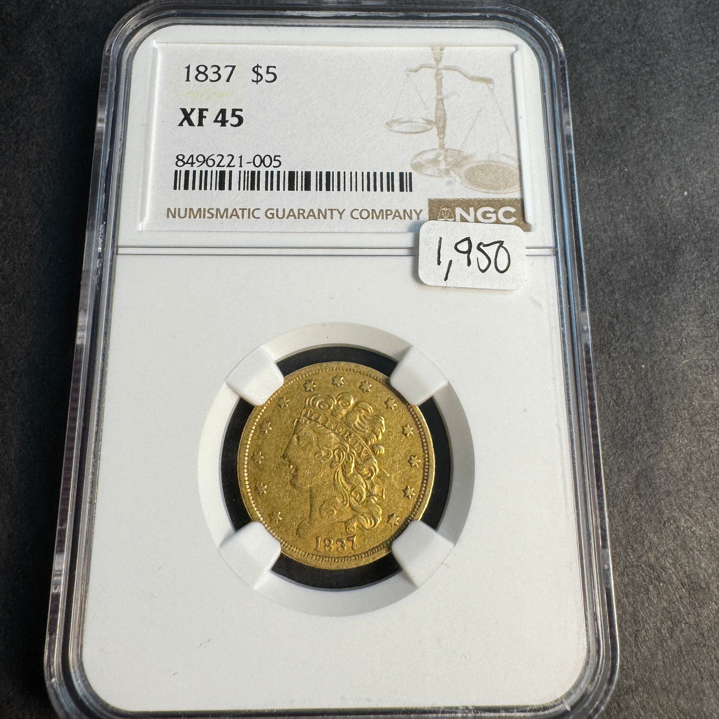 1837 Classic Head Gold $5, NGC XF-45