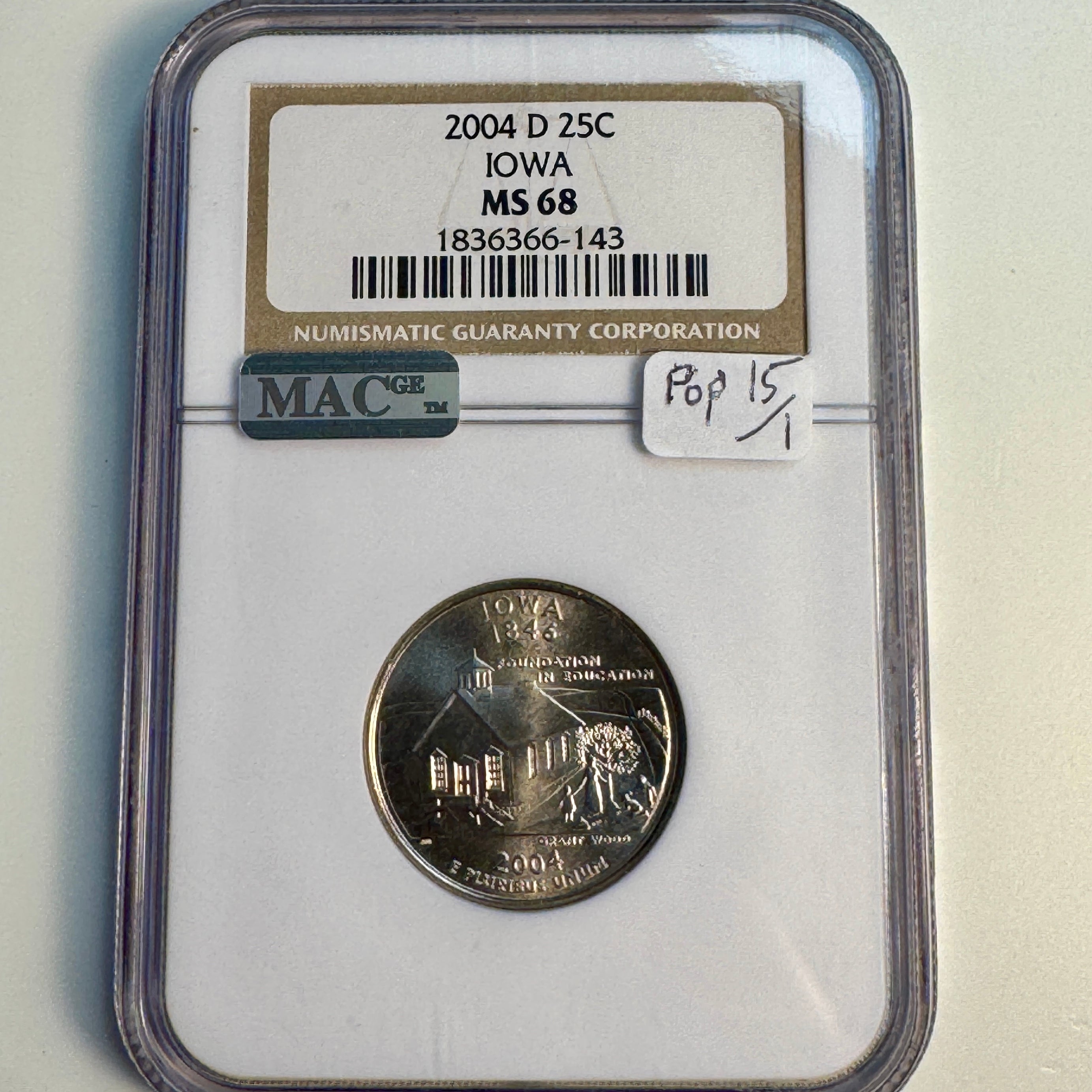2004-D Iowa State Quarter, NGC MS-68, 2nd Finest - Pop 15/1 !