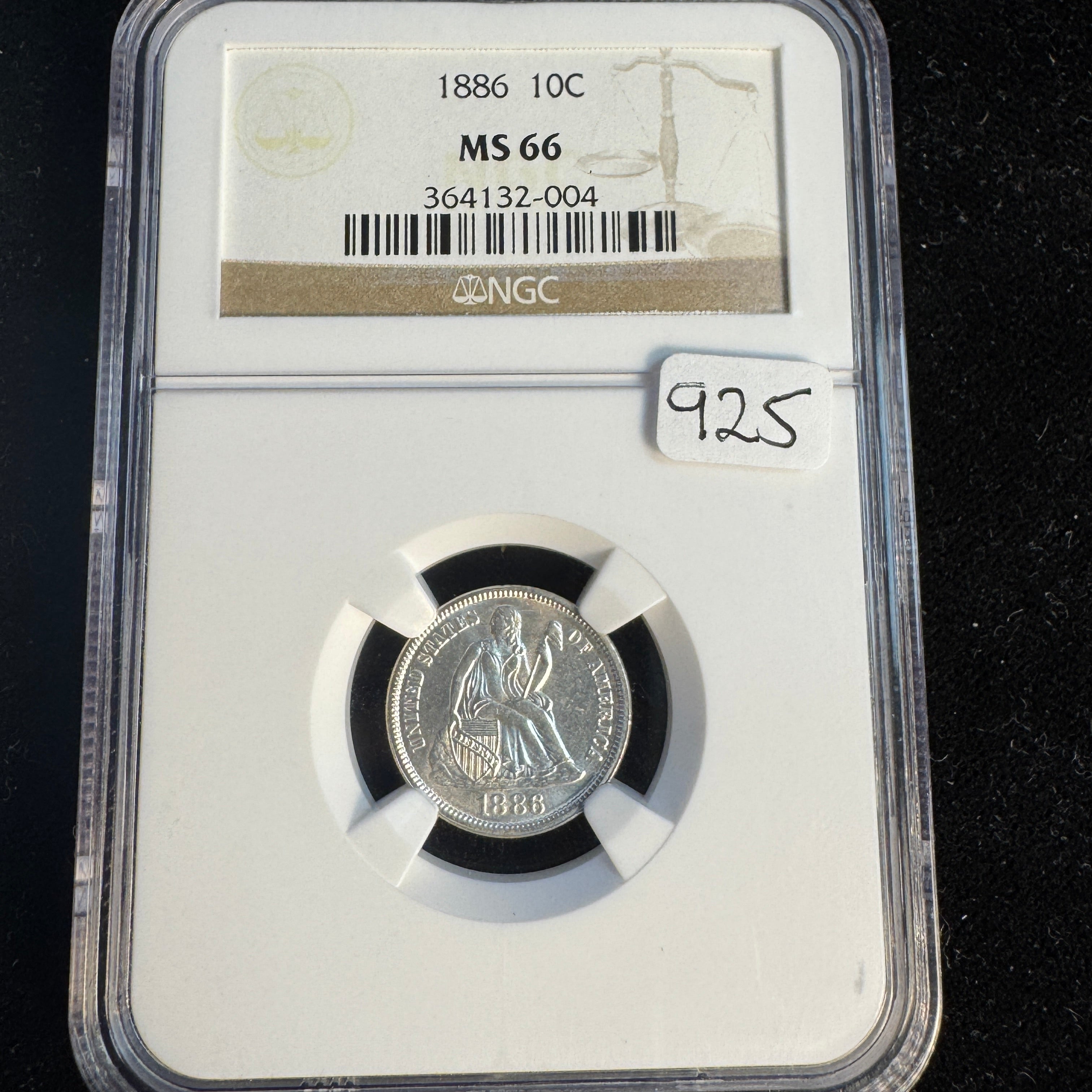 1886 Seated Liberty Dime, NGC MS-66