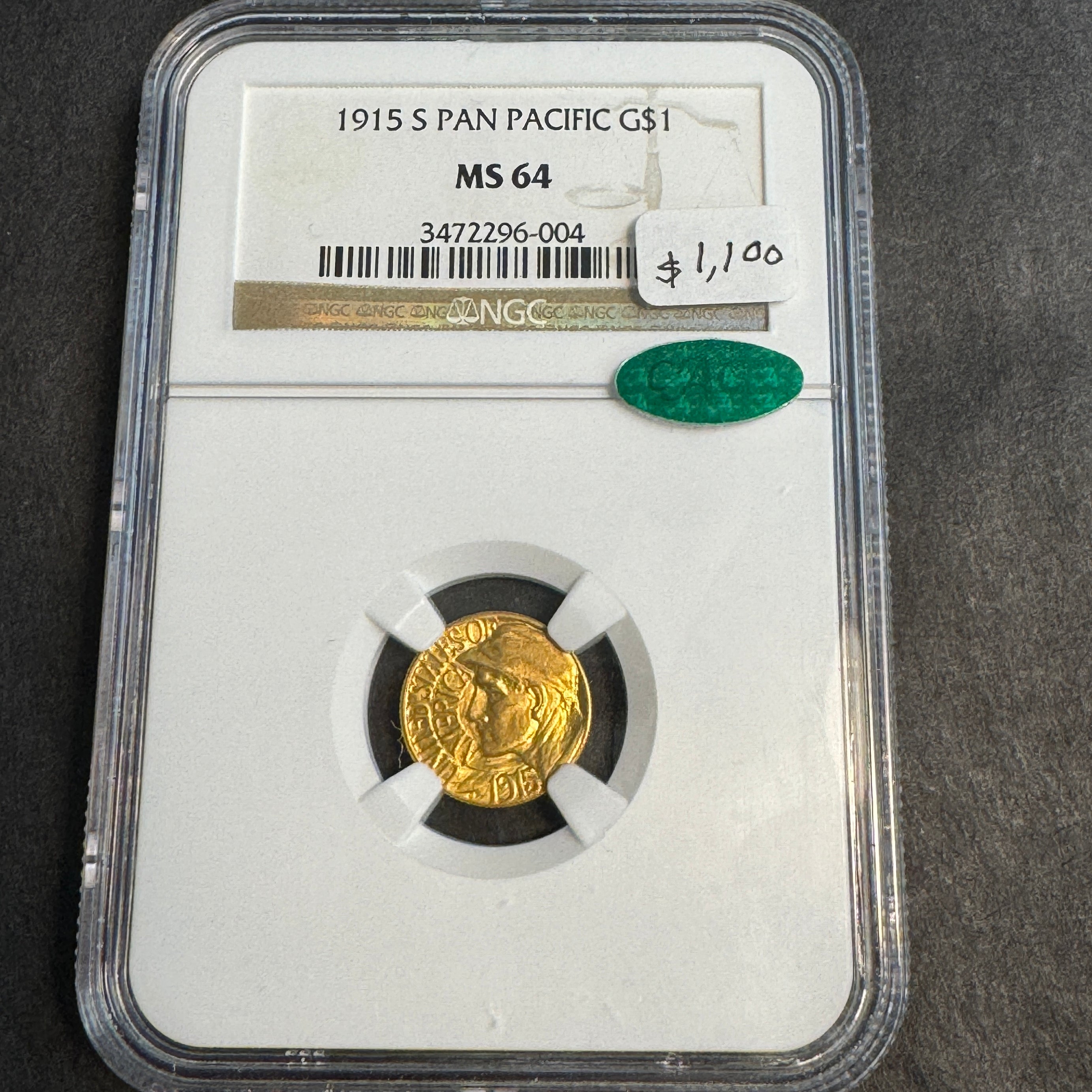 1915-S Panama-Pacific Exposition US $1 Gold Dollar, NGC MS-64 + Green CAC