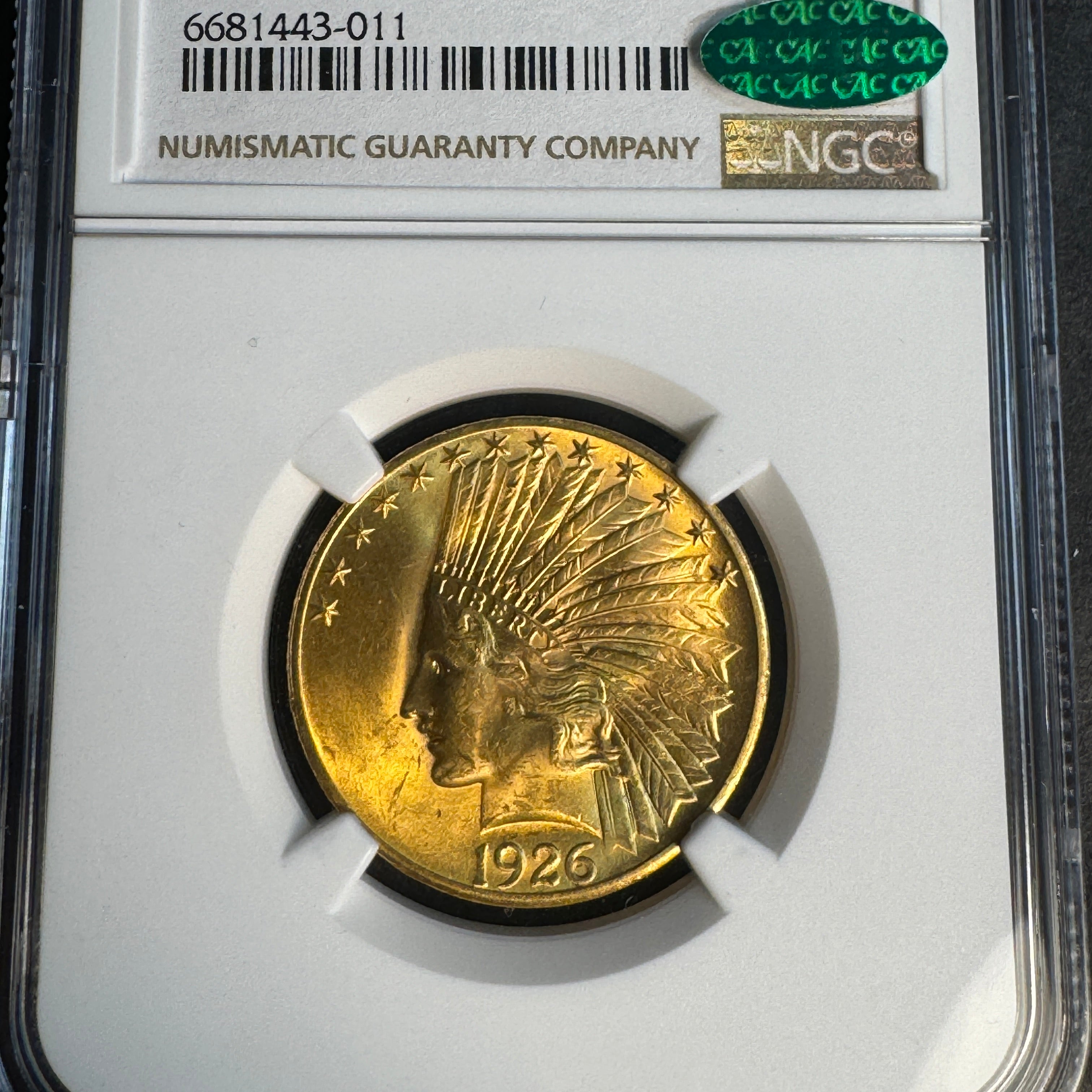 1926 Indian $10 Gold NGC MS-63+ Green CAC