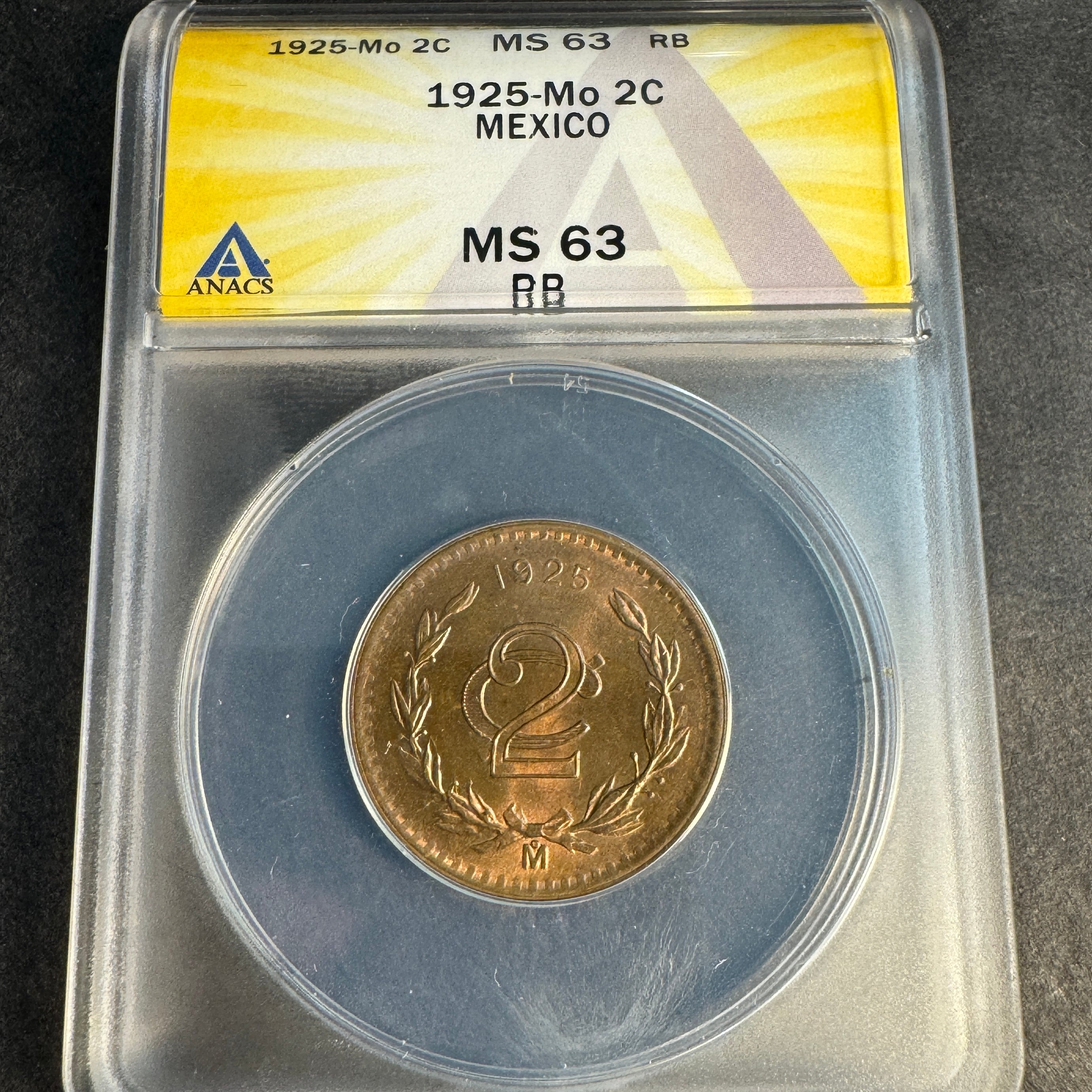 1925-Mo Mexico 2 Centavos ANACS MS-63 RB 🇲🇽