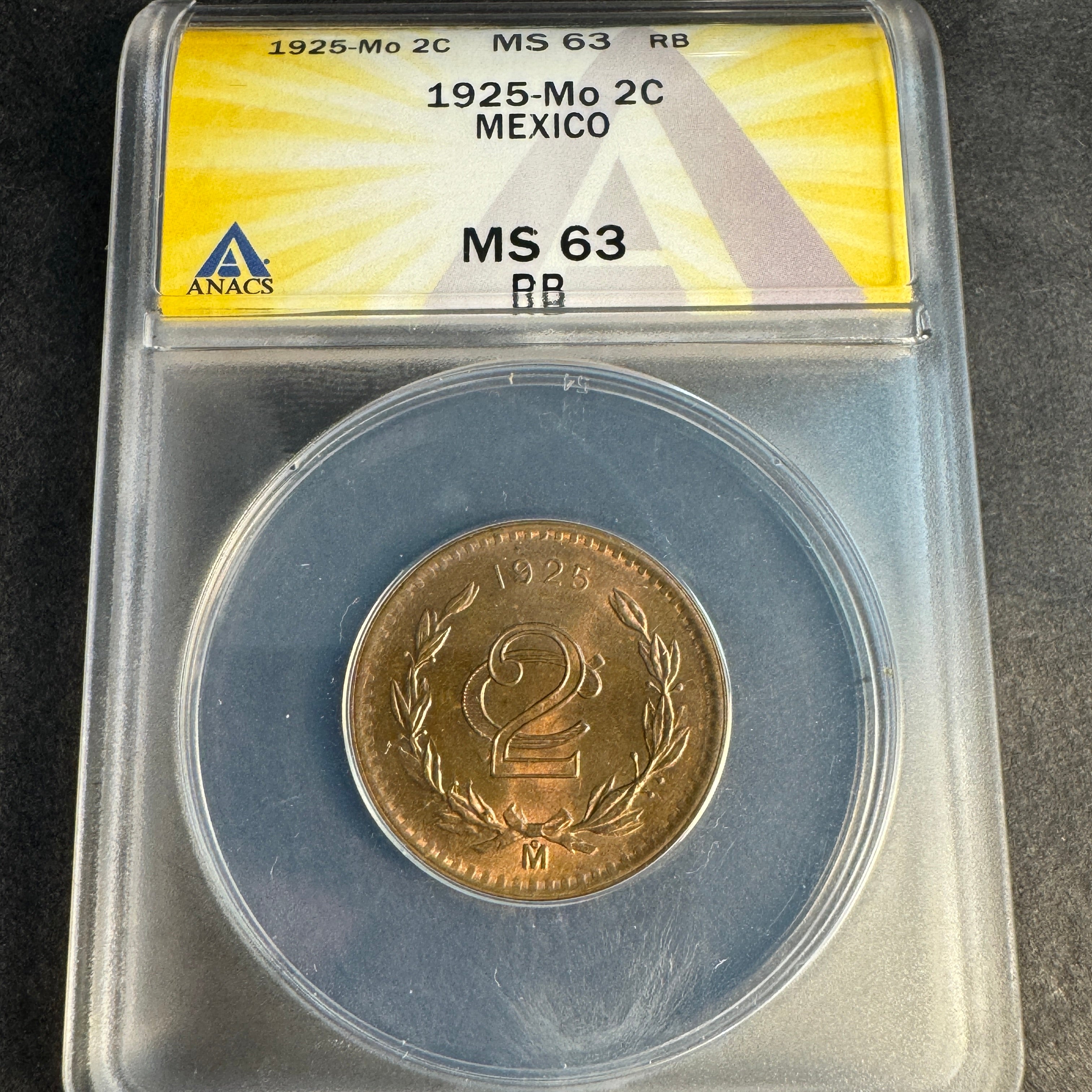 1925-Mo Mexico 2 Centavos ANACS MS-63 RB 🇲🇽