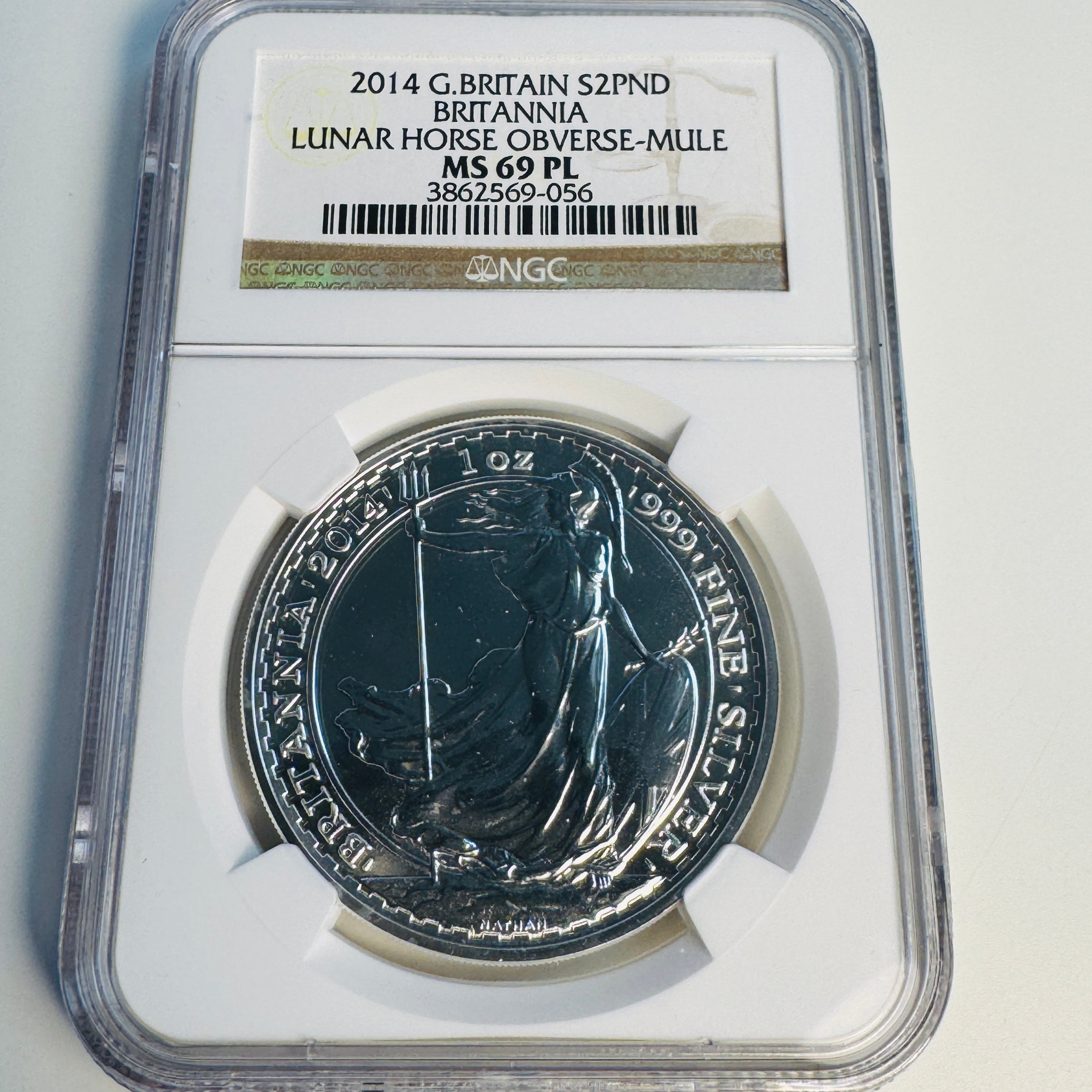 2014 Great Britain £2 Silver Britannia (1oz) Lunar Horse Obverse Mule Strike, NGC MS-69 PL