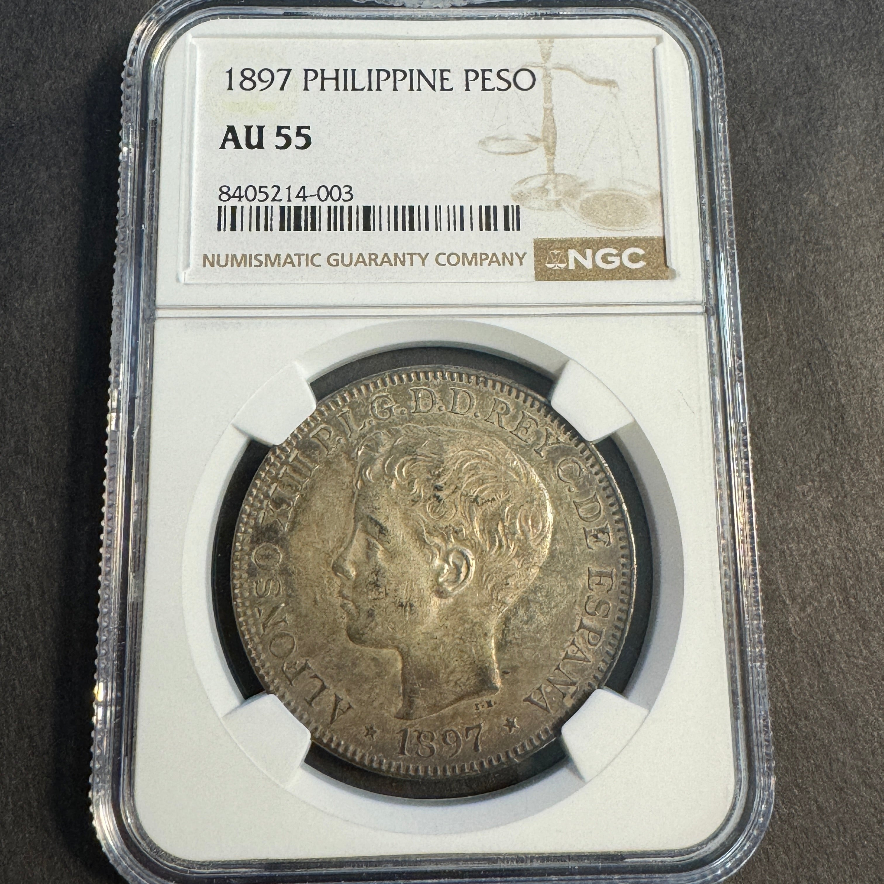 1897 Spanish Empire Philippines AR Peso, Alfonso XIII, NGC AU-55