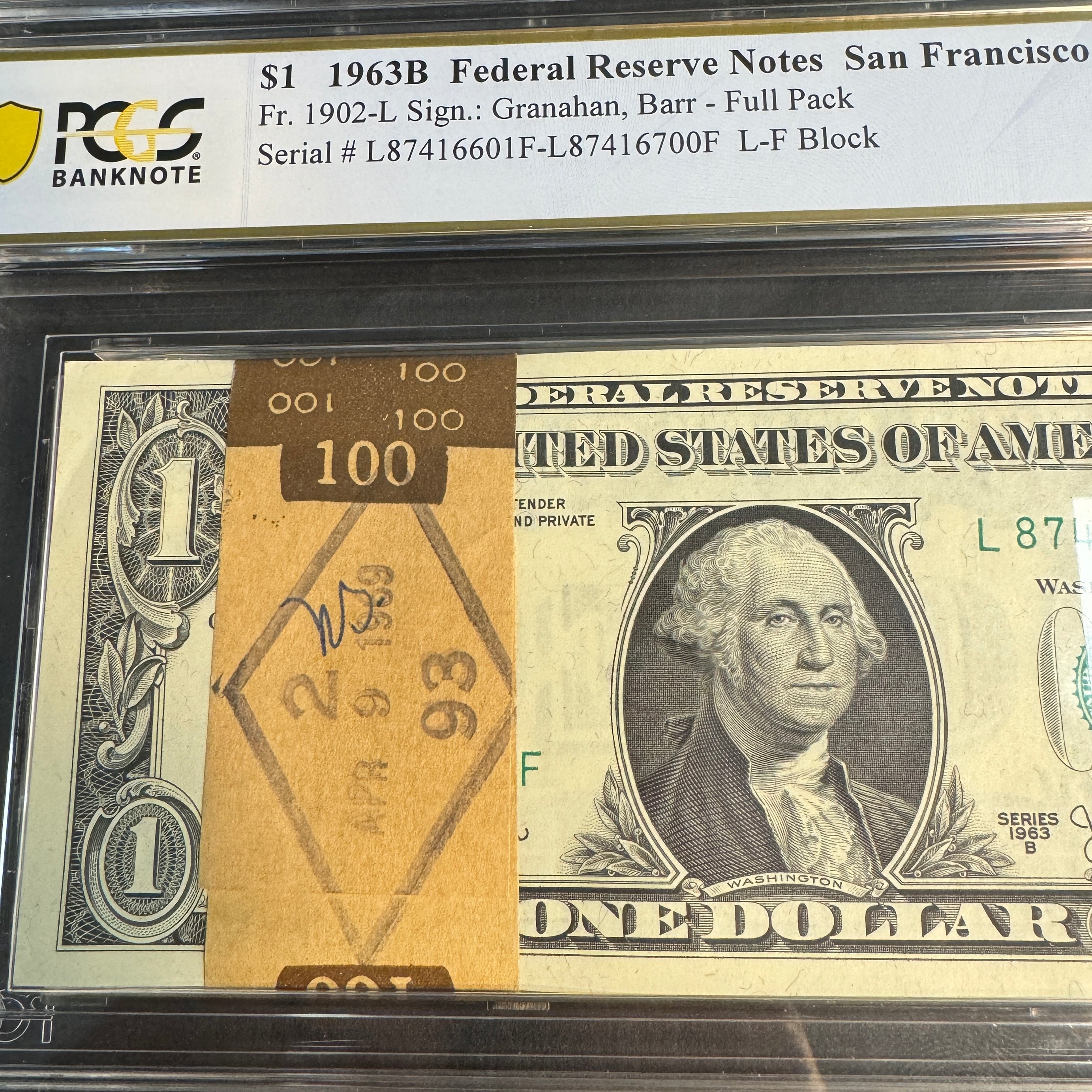 (100) Full Pack 1963 B $1 Federal Reserve Notes San Francisco, J. BARR Signature, 1969 Bank Strap, Fr. 1902-L, PCGS Gem Unc 65 PPQ