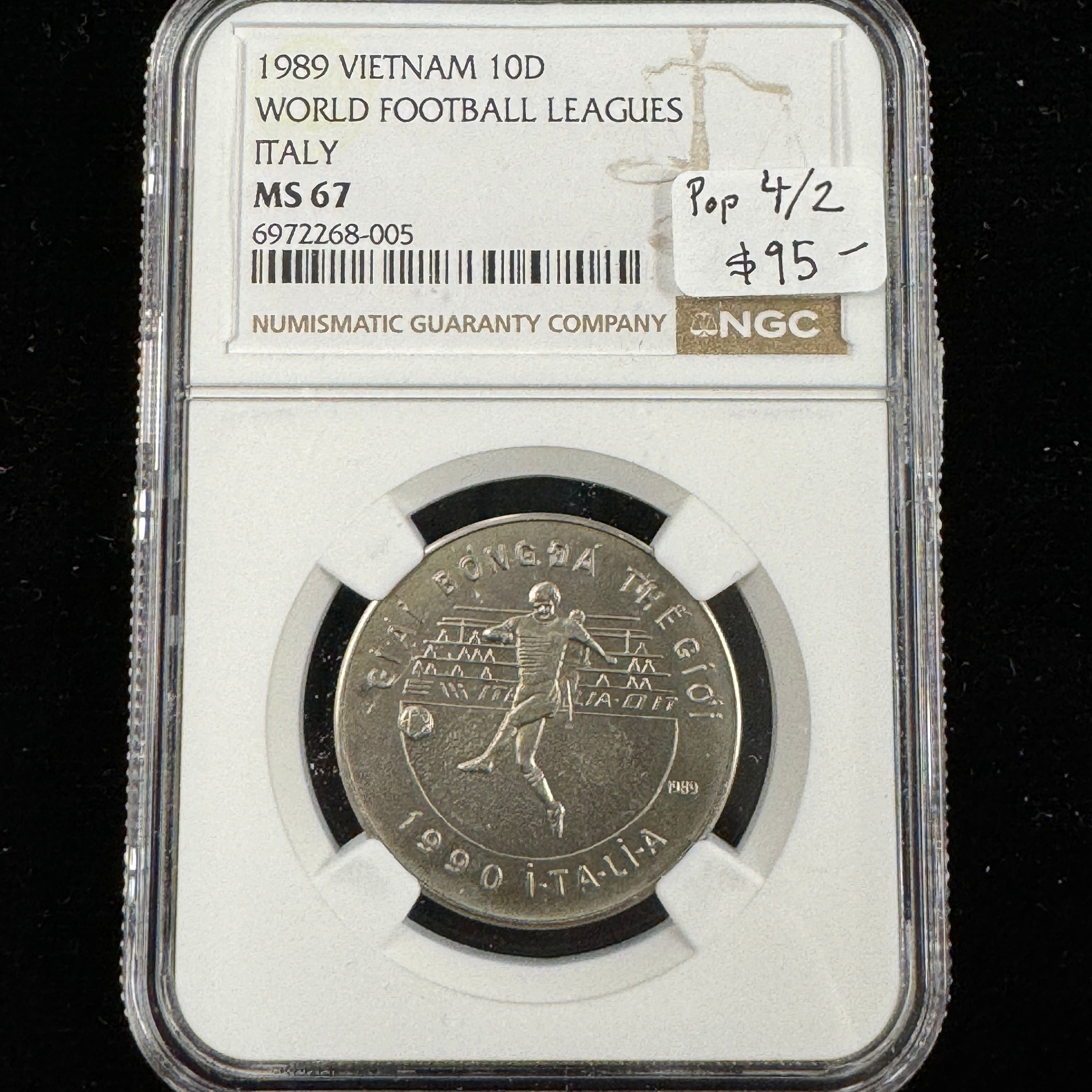 1989 Vietnam 10 Dong, World Football Leagues Italy, NGC MS-67, Pop 4/2